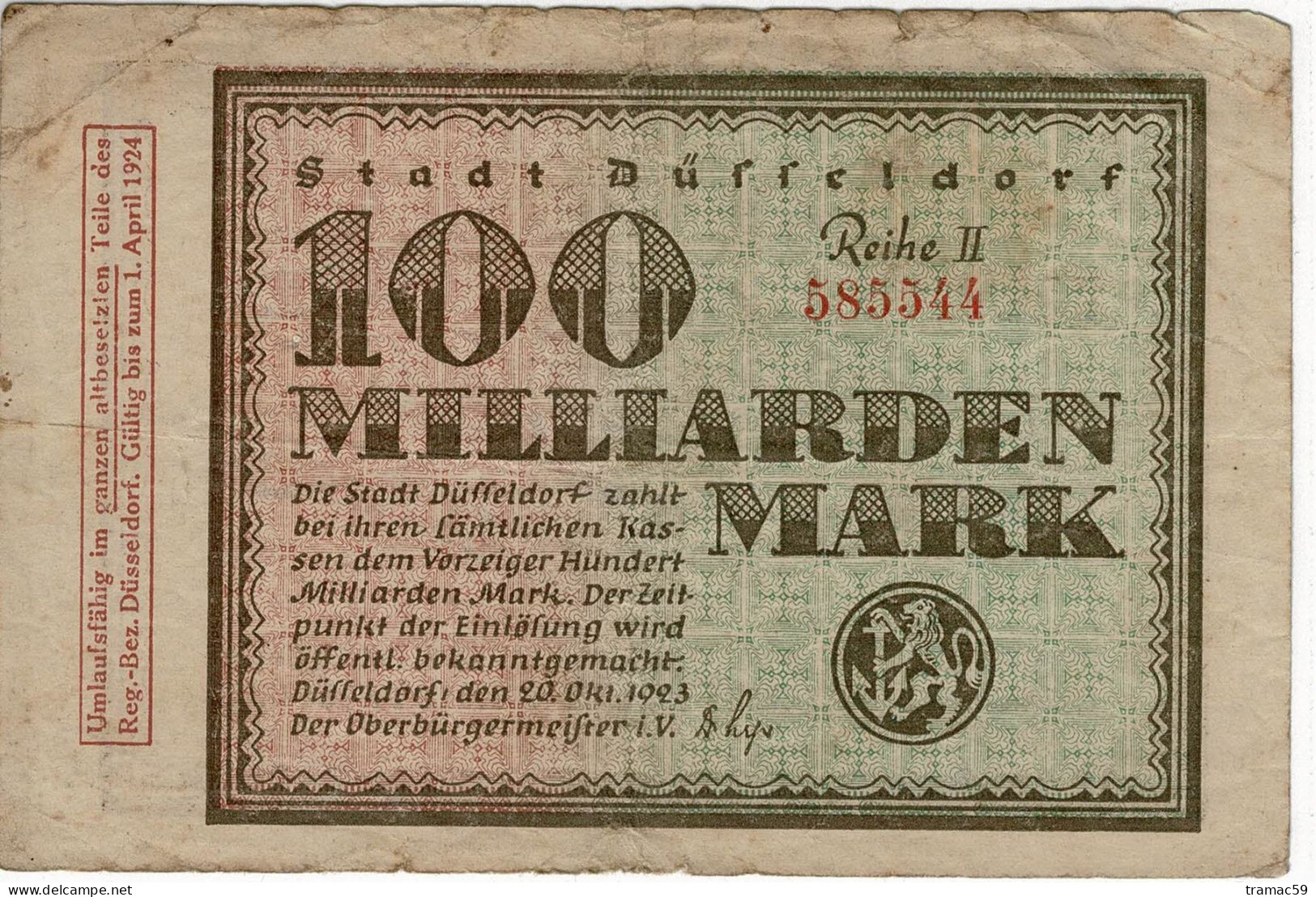 BILLET 100 MILLIARDS MARK EINHUNDERT MILLIARDEN MARK STADT DUSSELDORF1923 - 100 Mrd. Mark