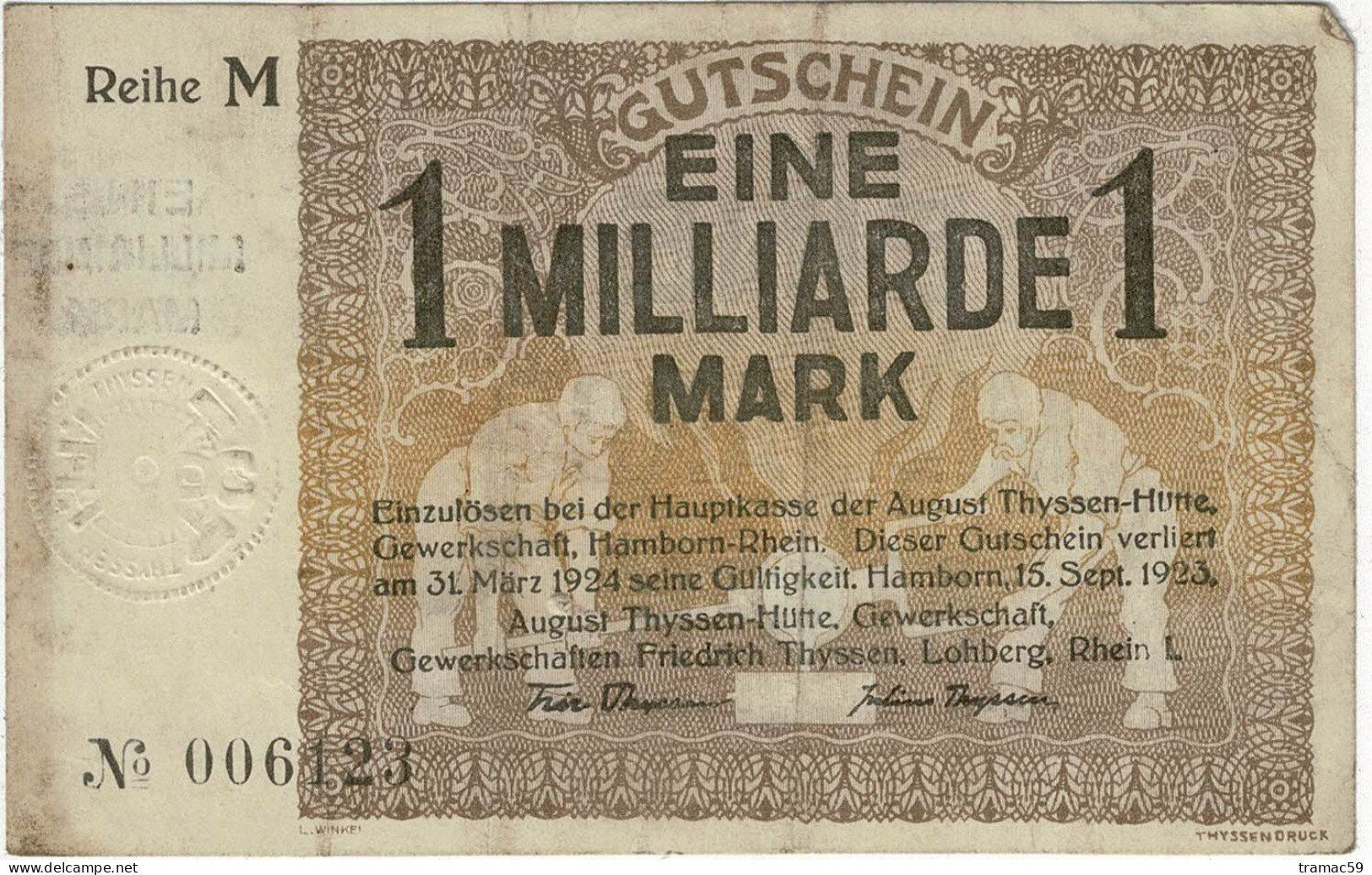 BILLET 1 MILLIARD MARK EIN MILLIARDE MARK GUTSCHEIN1923 - 1 Milliarde Mark