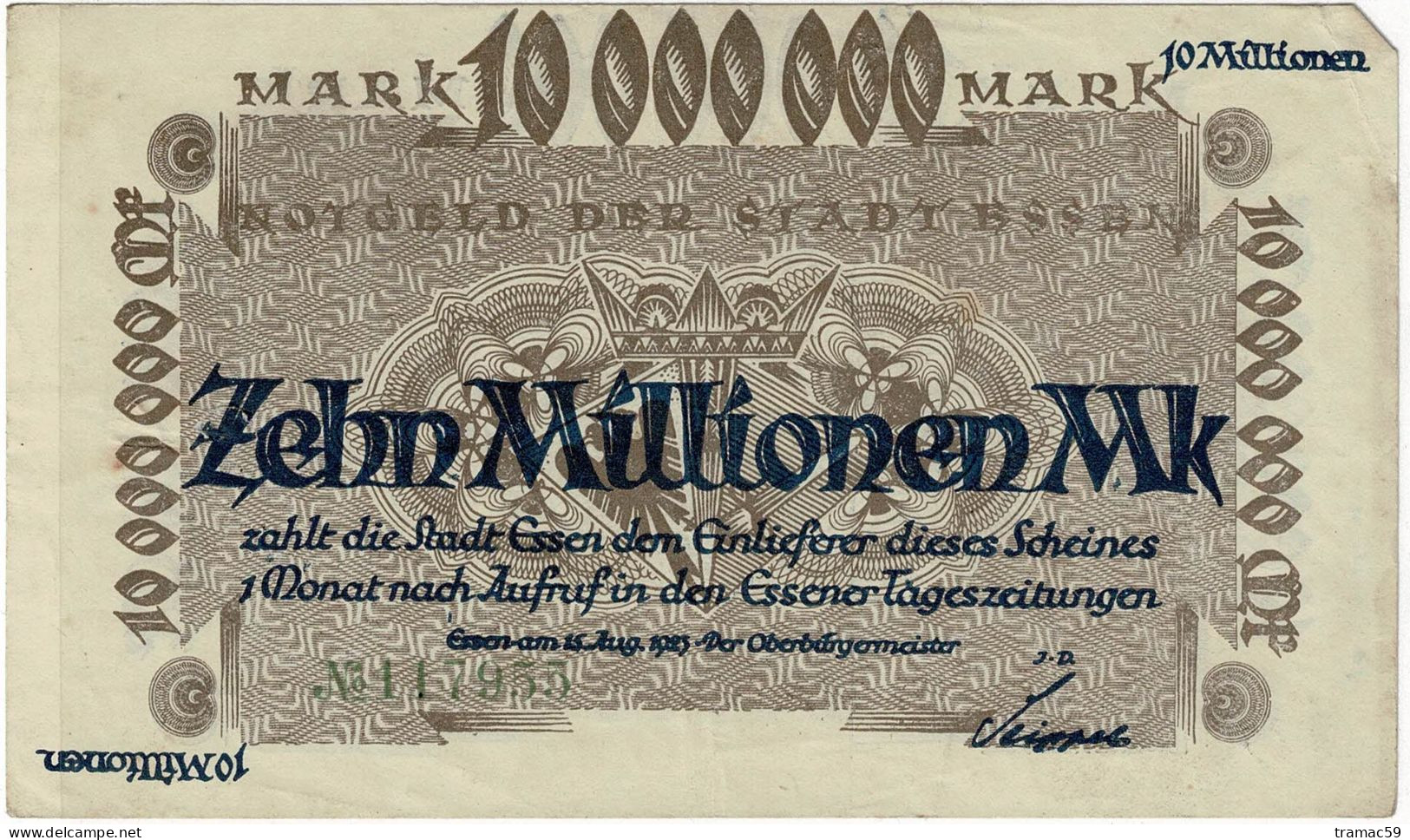 BILLET 10 MILLIONS MARK 10 MILLIONEN MARK ESSEN1923 - 10 Mio. Mark