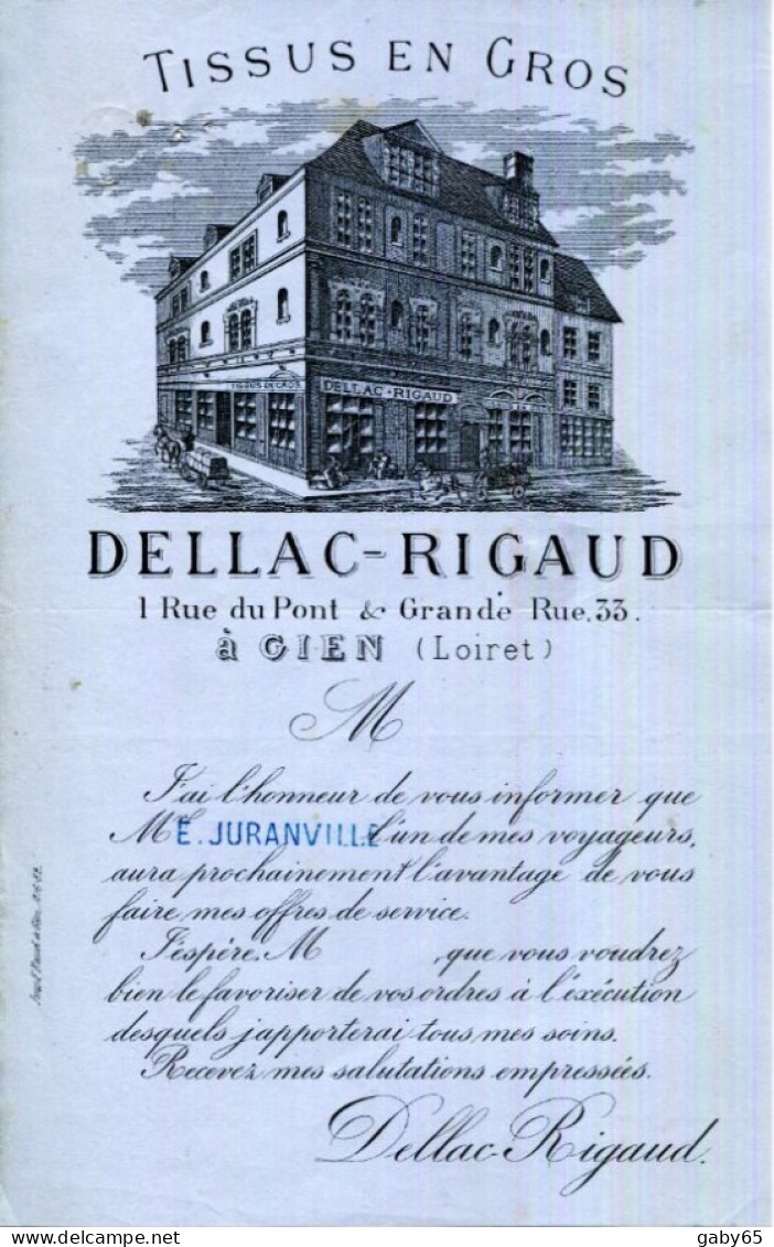 AVIS DE PASSAGE.45.LOIRET.GIEN.TISSUS EN GROS.DELLAC-RIGAUD 1 RUE DU PONT & 33 GRANDE RUE - Textile & Vestimentaire