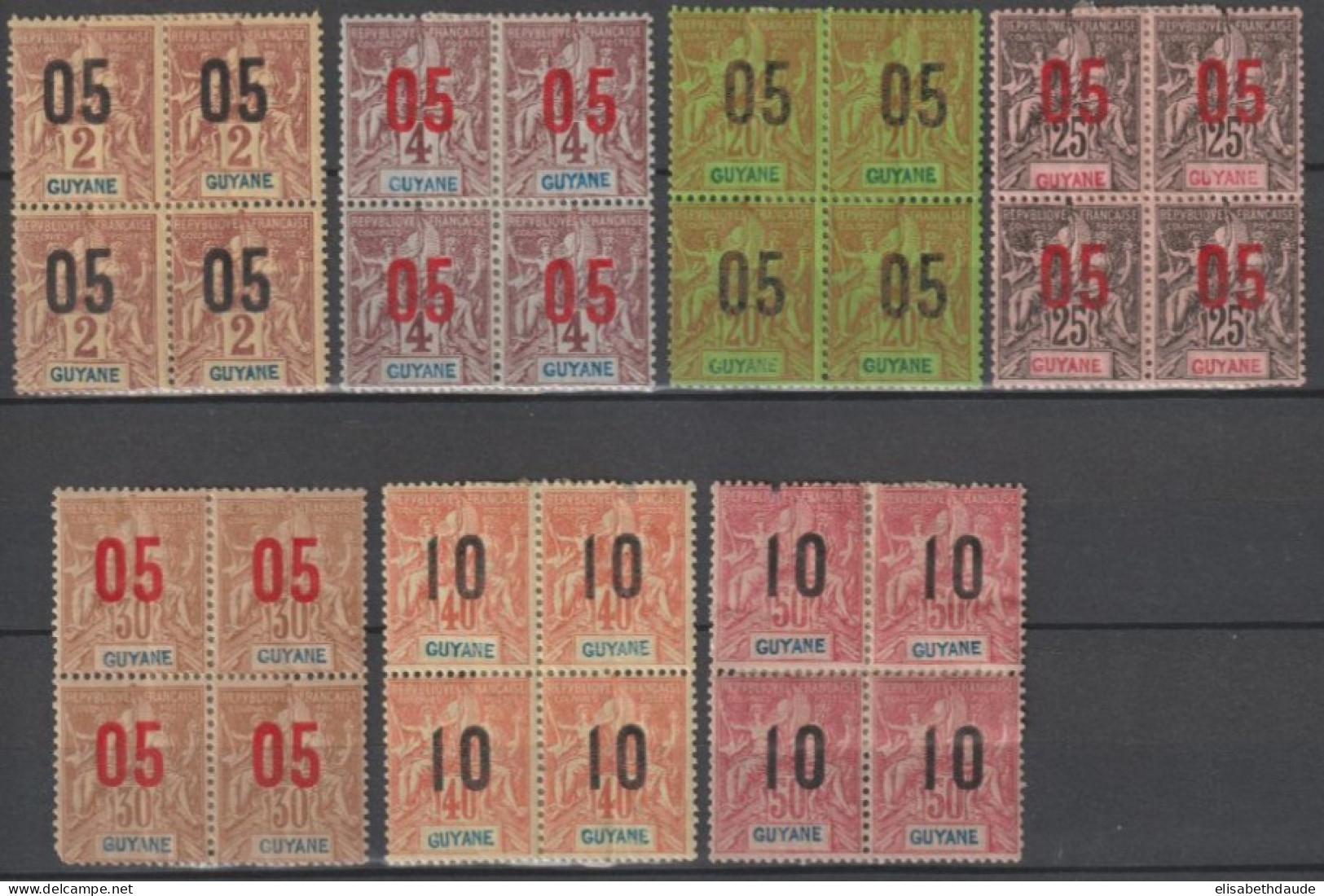 GUYANE - 1912 - SERIE YVERT N°66/72 BLOC De 4 Dont 2 X VARIETE CHIFFRE ESPACE 67Aa (05/4c) !  * MH - COTE = 115+ EUR. - Ongebruikt