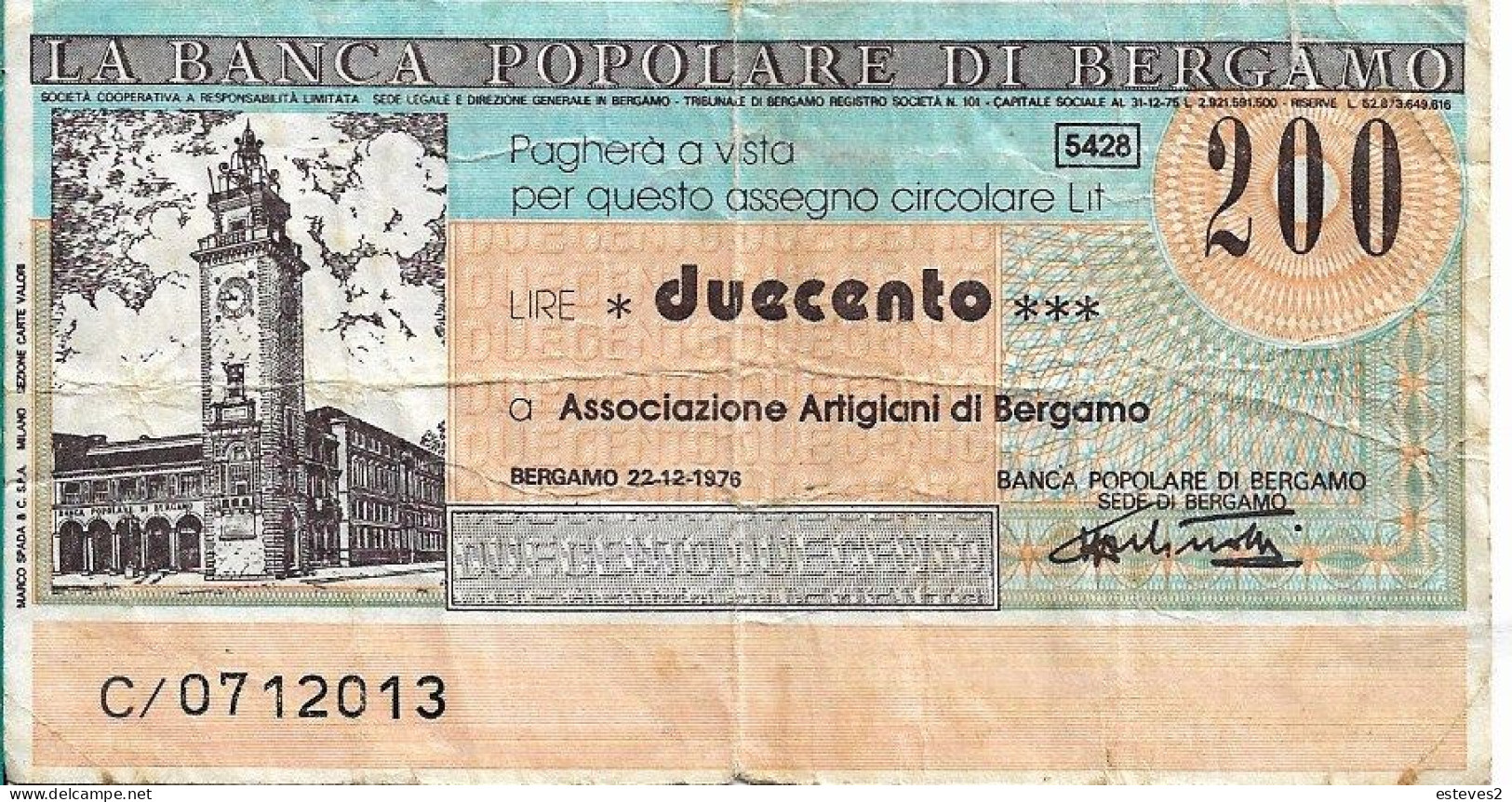 Italy , 1976 , Notgeld 200 Lires , La Banca Popolare Di Bergamo , Used - Sonstige & Ohne Zuordnung