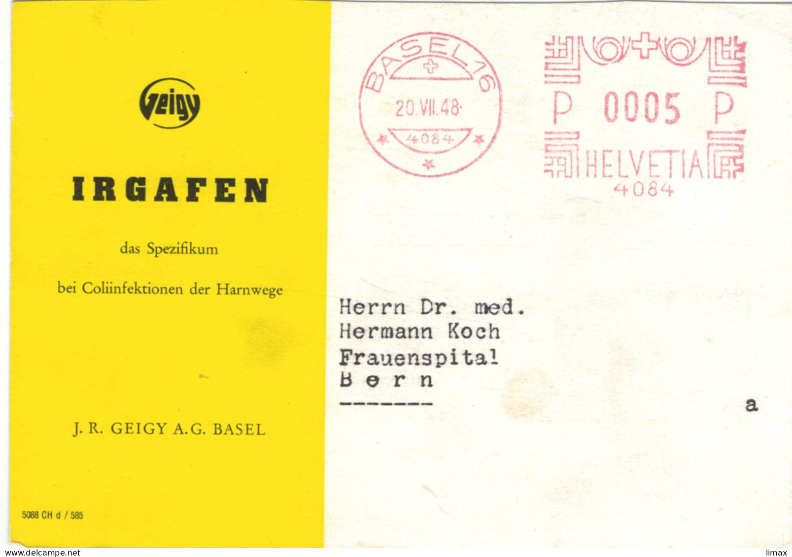 Stempel 4084 J. R. Geigy Basel 1948 > Frauenspital Bern - Irgafen Spezifikum Bei Coliinfektionen Der Harnwege Hasler F22 - Affranchissements Mécaniques