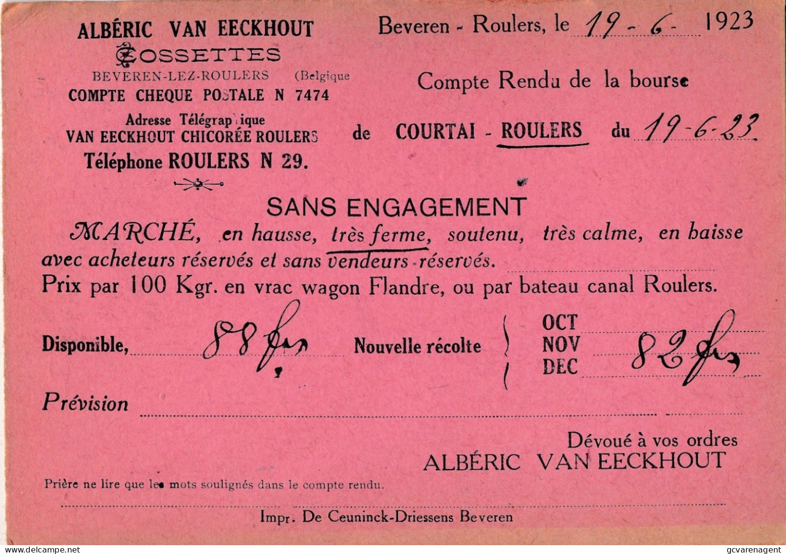 BEVEREN - ROULERS  1923 BEDRIJFSKAART - ALBERIC VAN EECKHOUT - GOSSETTES       2 SCANS - Roeselare