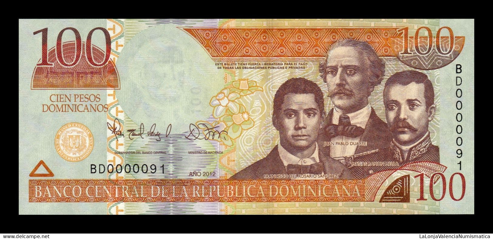 República Dominicana 100 Pesos Dominicanos 2012 Pick 184b Low Serial 91 Sc Unc - Dominicaine