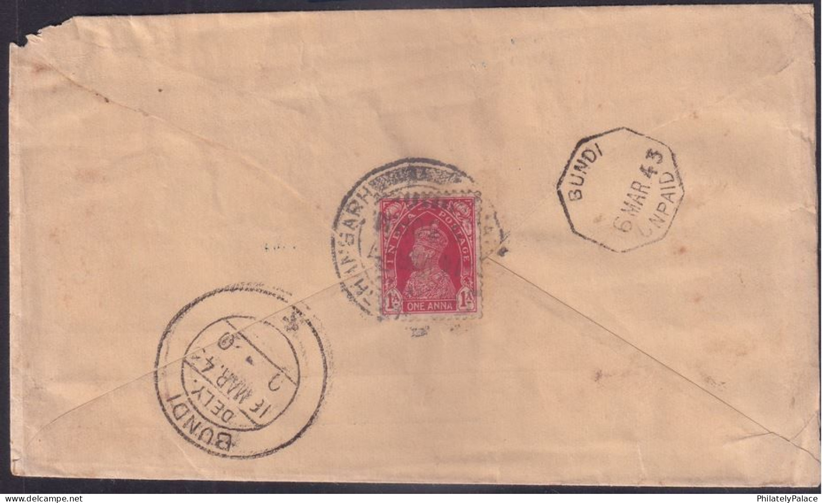 India 1943 Cover With Madanganj - Kishangarh One Anna Due Horseshoe Mark Tied With KGVI 1a British  (**) Inde Indien - Kishengarh