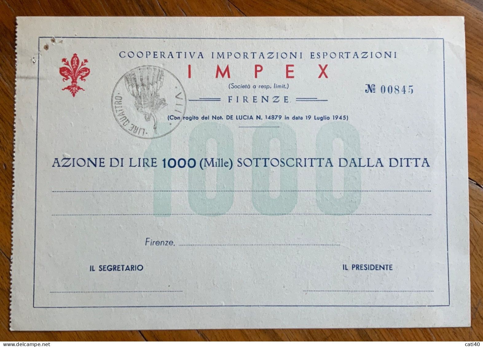 IMPEX - COOPERATIVA IMPORTAZIONI ESPORTAZIONI - AZIONE DA LIRE 1000 (MILLE) - NUOVA - BOLLATA L. 4  - S.R.L. - FIRENZE - Transport