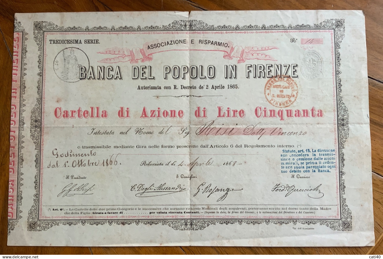 BANCA DEL POPOLO IN FIRENZE - CARTELLA DI AZIONE DA LIRE CINQUANTA - 1866  - TREDICESIMA SERIE - Trasporti