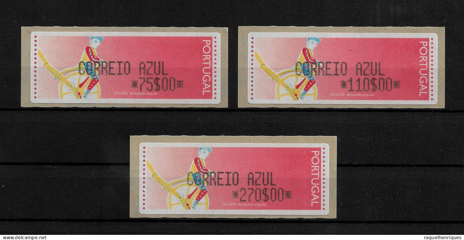 PORTUGAL ATM MACHINE STAMPS - ETIQUETAS - 1992 Ciclista CORREIO AZUL - VAL. 75, 110, 270 ESCUDOS MNH RARO (BA5#447) - Machines à Affranchir (EMA)