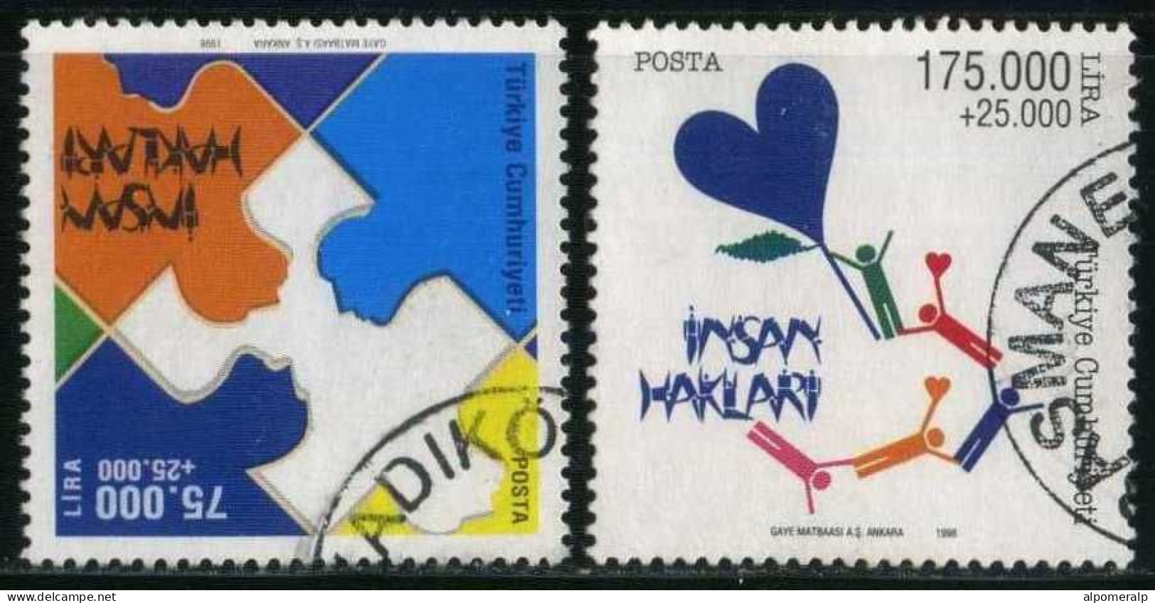 Türkiye 1998 Mi 3165-3166 Human Rights | Puzzle Piece Outlines Of People's Faces & Heart-Shaped Kite With People As Tail - Gebraucht