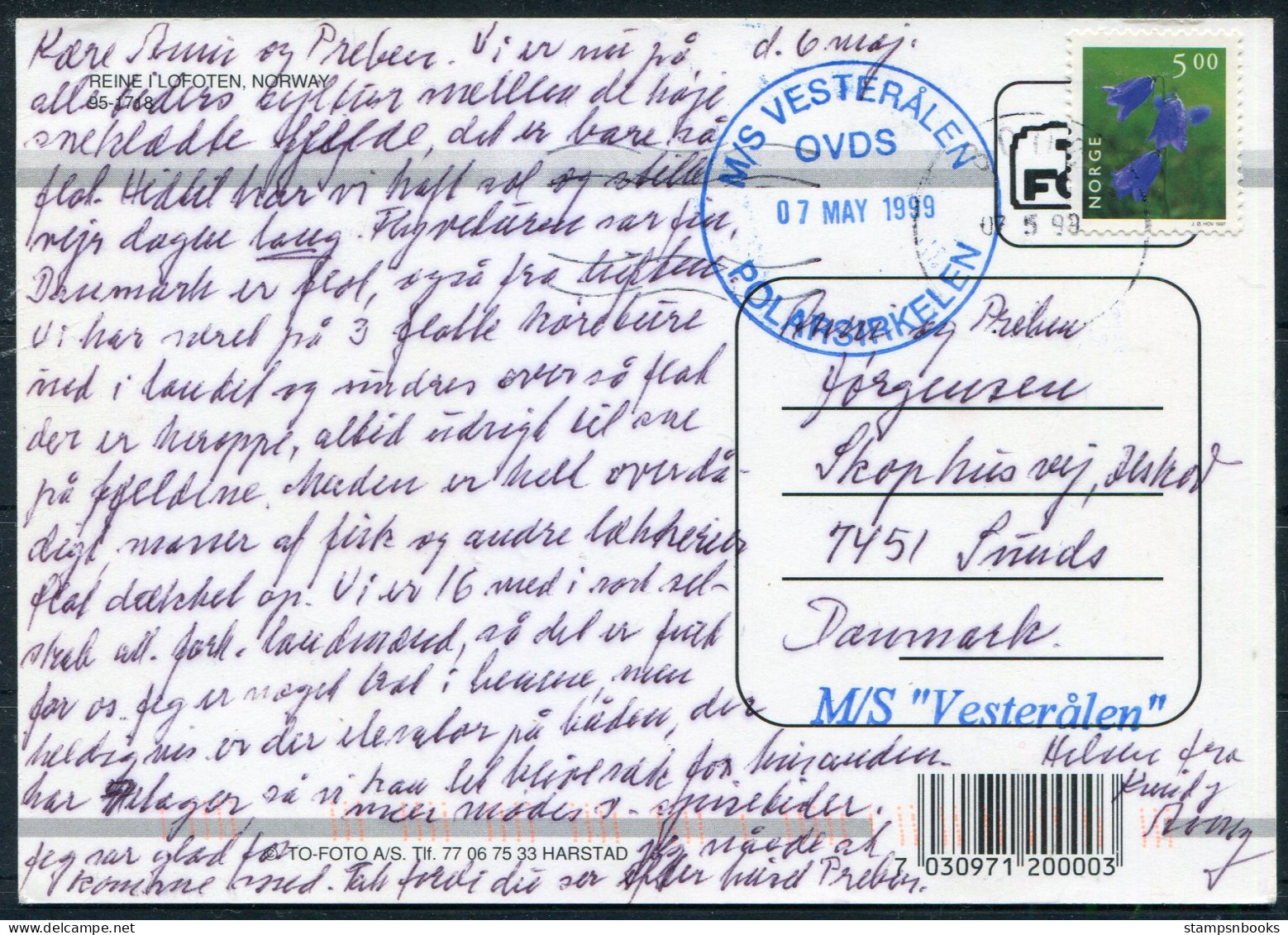 1999 Norway M/S VESTERALEN OVDS Polarsirkelen Ship Reine Postcard - Denmark - Covers & Documents