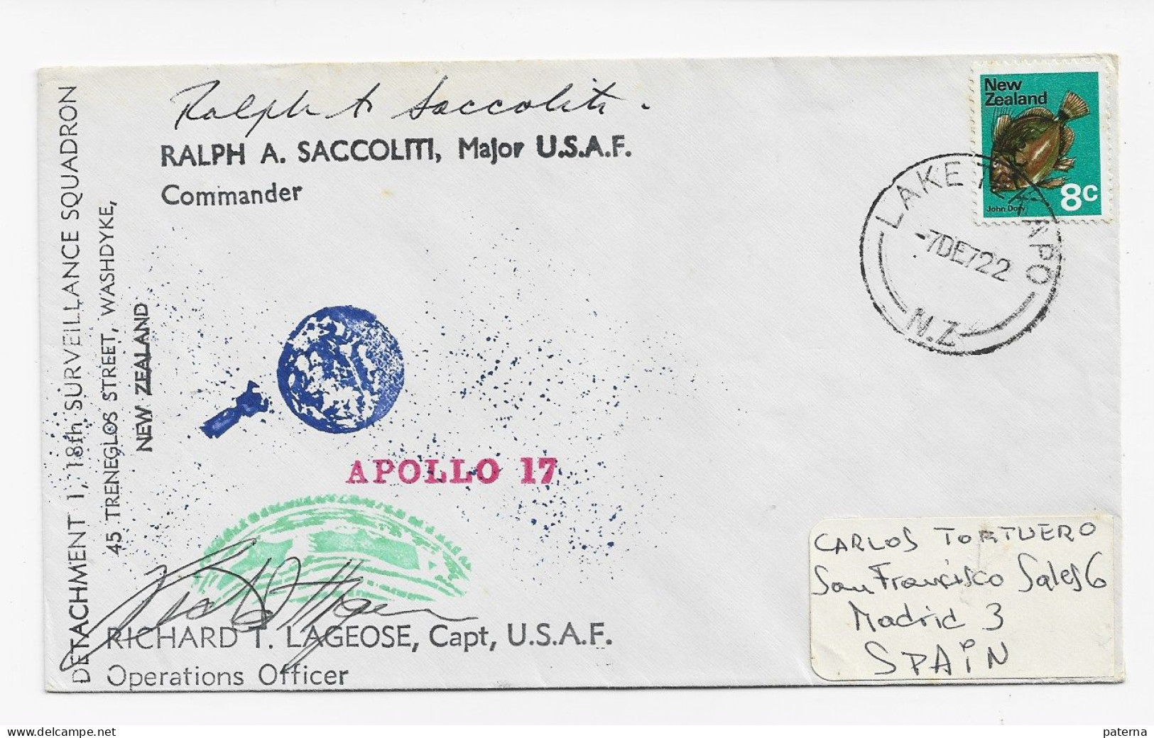 3770   Carta  Laketekapo 1972, Apollo 17, Apolo , Espacio , Nave, Richard T. Lageose, Capt - Cartas & Documentos