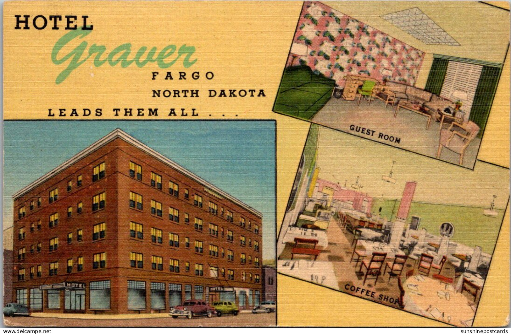 North Dakota Fargo Hotel Graver Showing Guest Room And Coffee Shop 1961 Curteich - Fargo