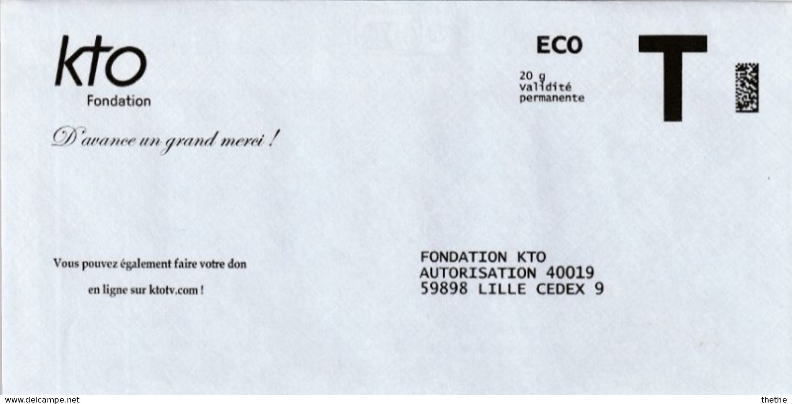 Enveloppe Réponse T - ECO - KTO Fondation  - 20 G Validité Permanente - Cartes/Enveloppes Réponse T