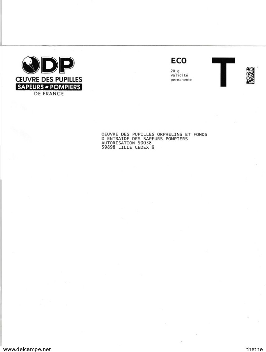 Enveloppe Réponse T - ECO - ODP - Oeuvre Des Pupilles Sapeurs-Pompiers De France - 20 G Validité Permanente - Cards/T Return Covers