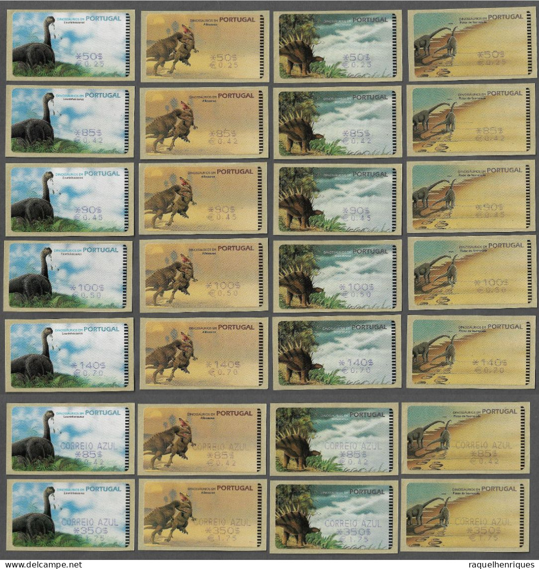 PORTUGAL ATM MACHINE STAMPS - ETIQUETAS - 1999 DINOSAURS - Nº 20A COMPLETE SET+AZUL 28 V. MNH (BA5#460) - Máquinas Franqueo (EMA)