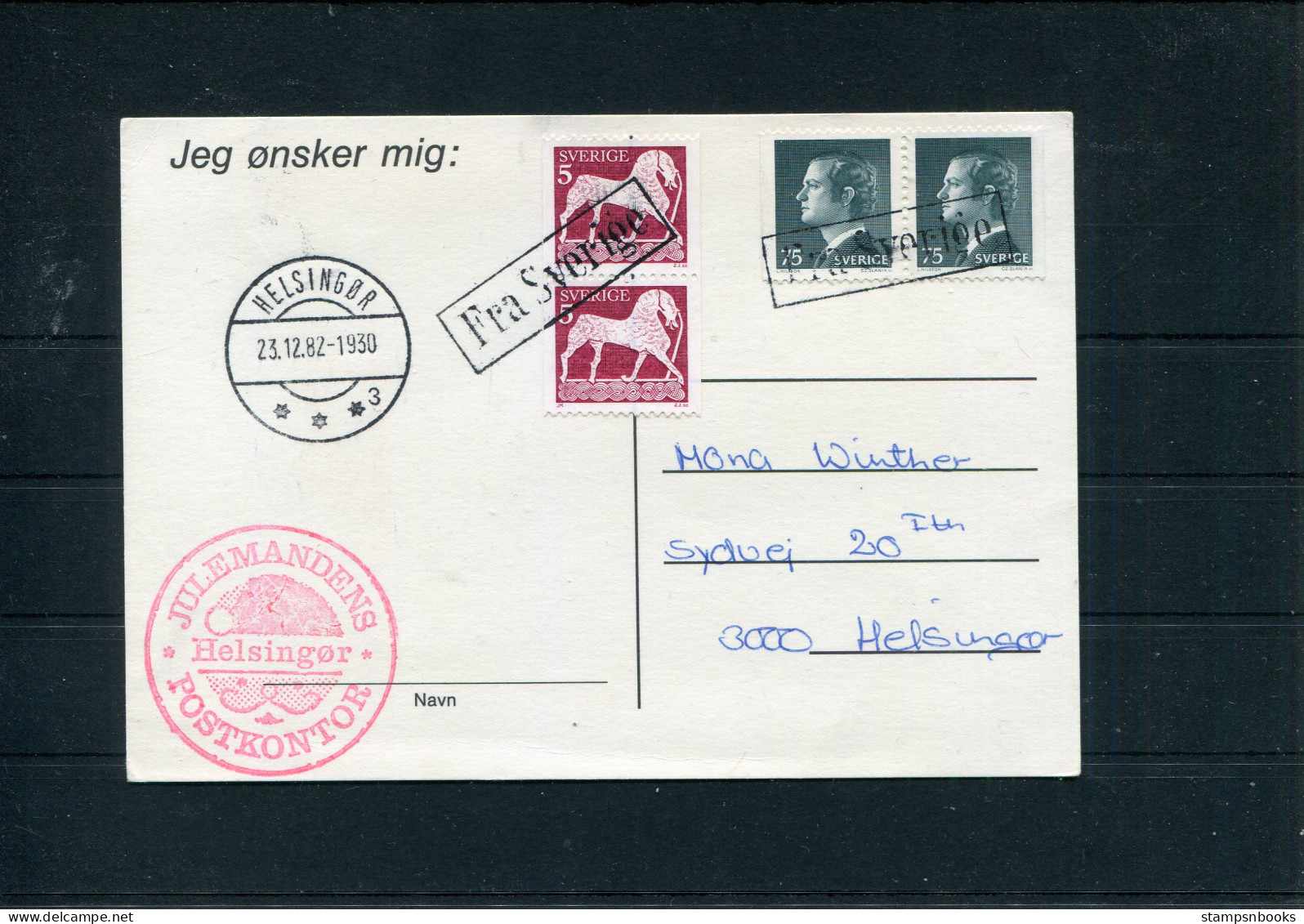 1982 Sweden "Fra Sverige" PAQUEBOT Helsinggor Ship Christmas Julemandens Postkontor Postcard. Slania - Lettres & Documents