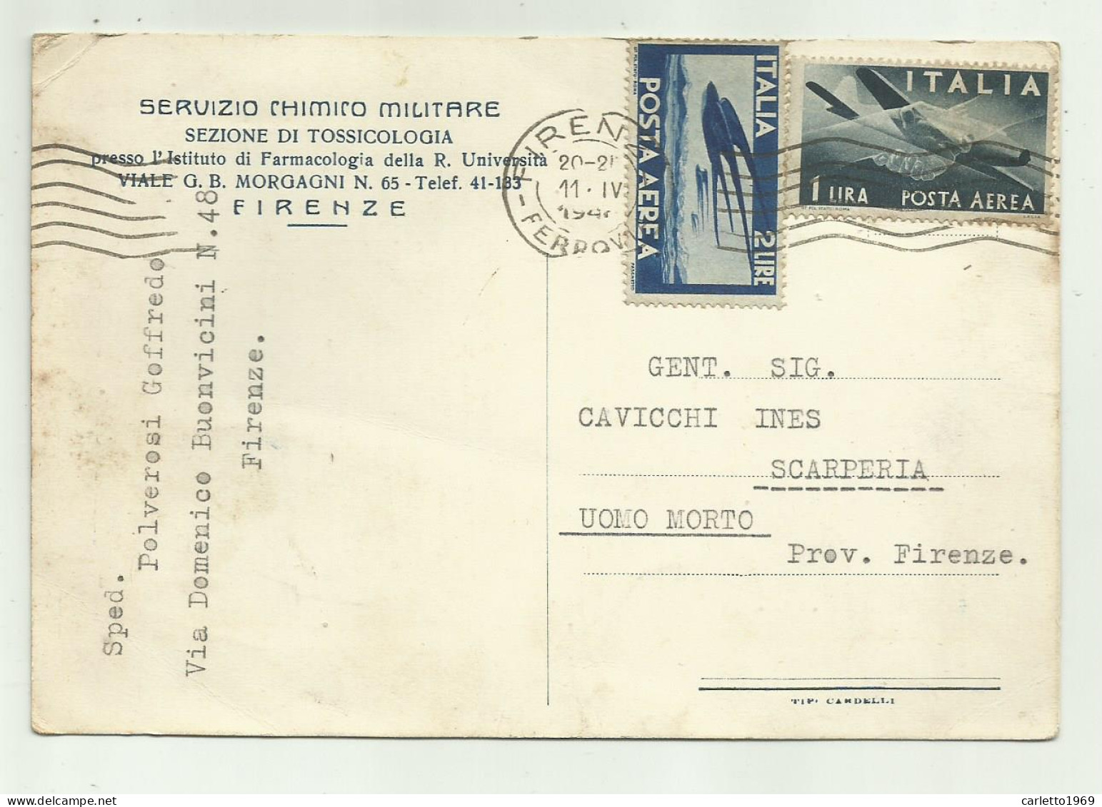 POSTA AEREA LIRE 1 E LIRE 2 1946 SU CARTOLINA - 1946-60: Oblitérés