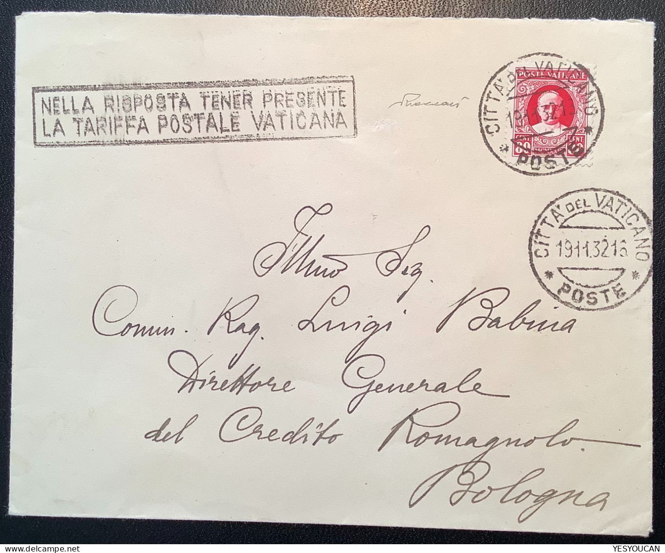 Sa.8 1929 80c Lettera NELLA RISPOSTA TENER PRESENTE LA TARIFFA POSTALE VATICANA (Vatican Cover Vaticano Italia - Covers & Documents