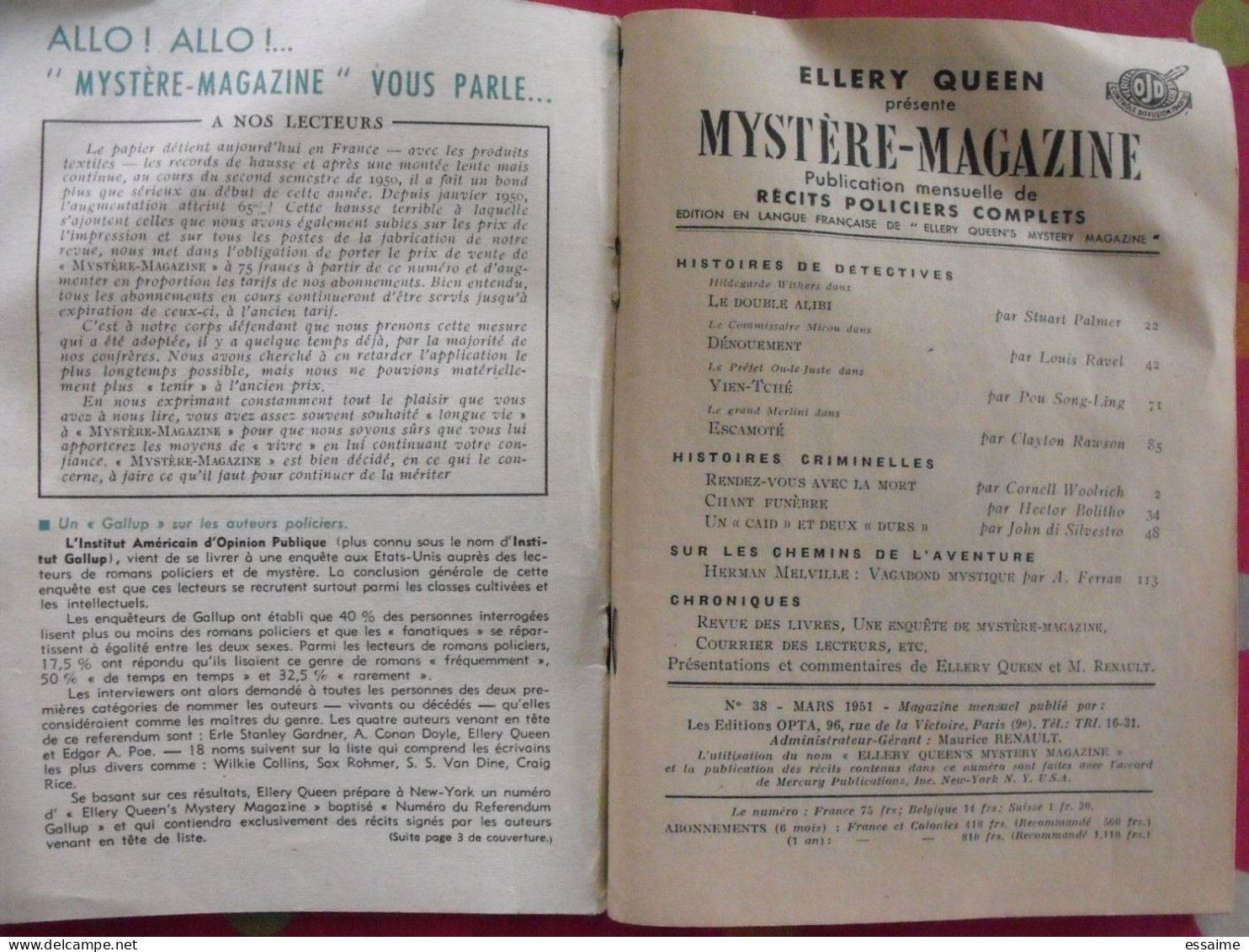 Ellery Queen. Mystère-magazine. Roman Policier N° 38. 1951 - Opta - Ellery Queen Magazine