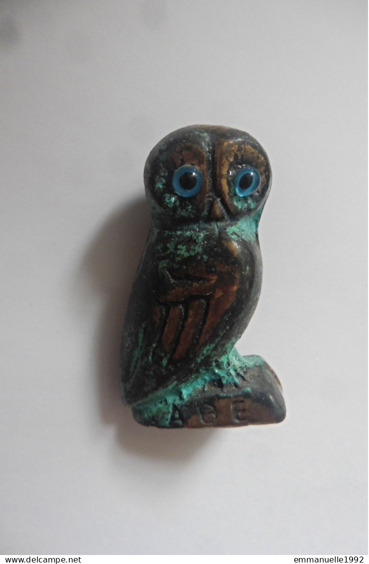 Figurine Décoration Chouette Mythologie Grecque Athéna Hibou En Bronze Vieilli Antique Grèce Yeux Bleus Porte-bonheur - Animaux