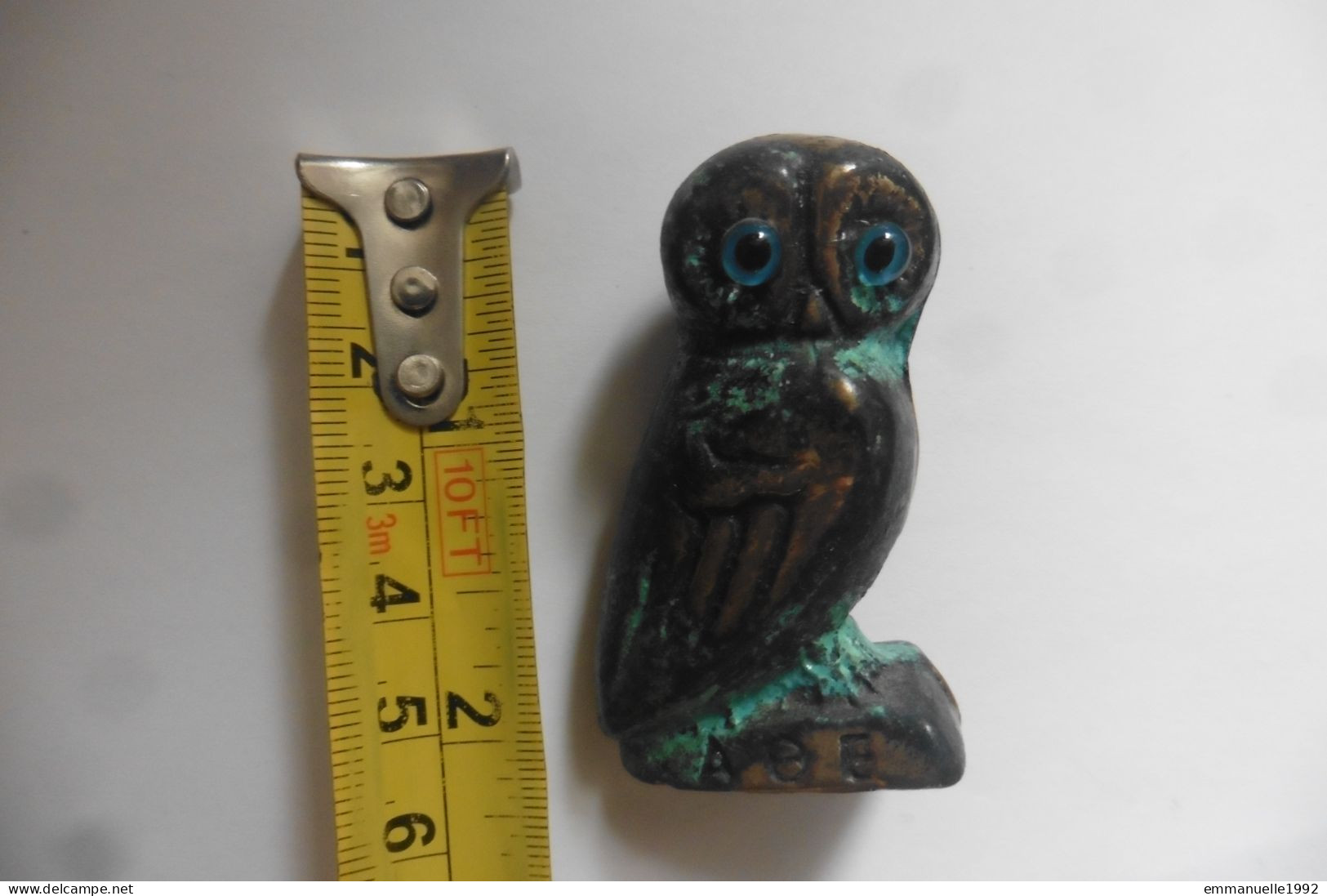 Figurine Décoration Chouette Mythologie Grecque Athéna Hibou En Bronze Vieilli Antique Grèce Yeux Bleus Porte-bonheur - Animales