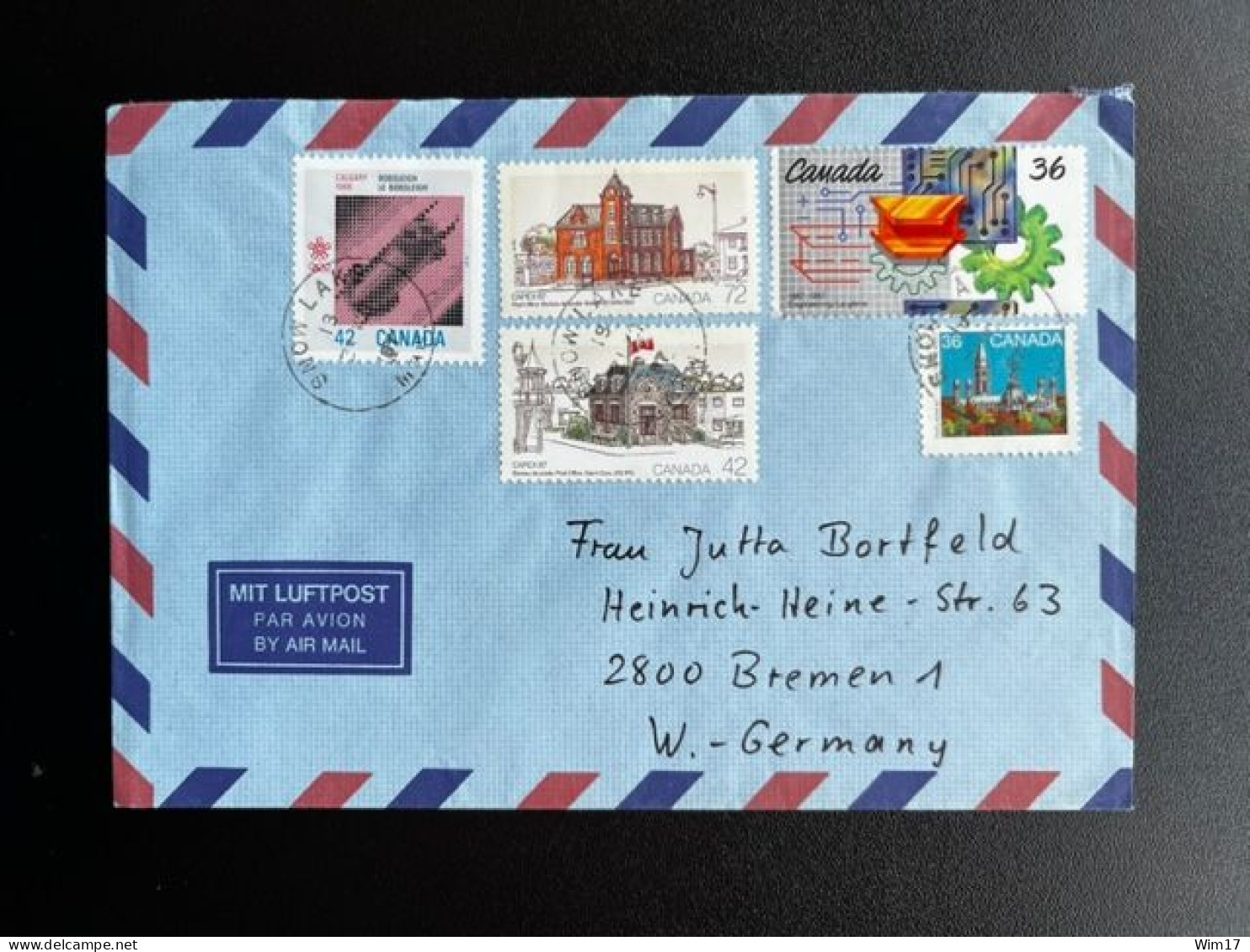 CANADA 1987 AIR MAIL LETTER SNOW LAKE TO BREMEN 19-12-1987 - Cartas & Documentos