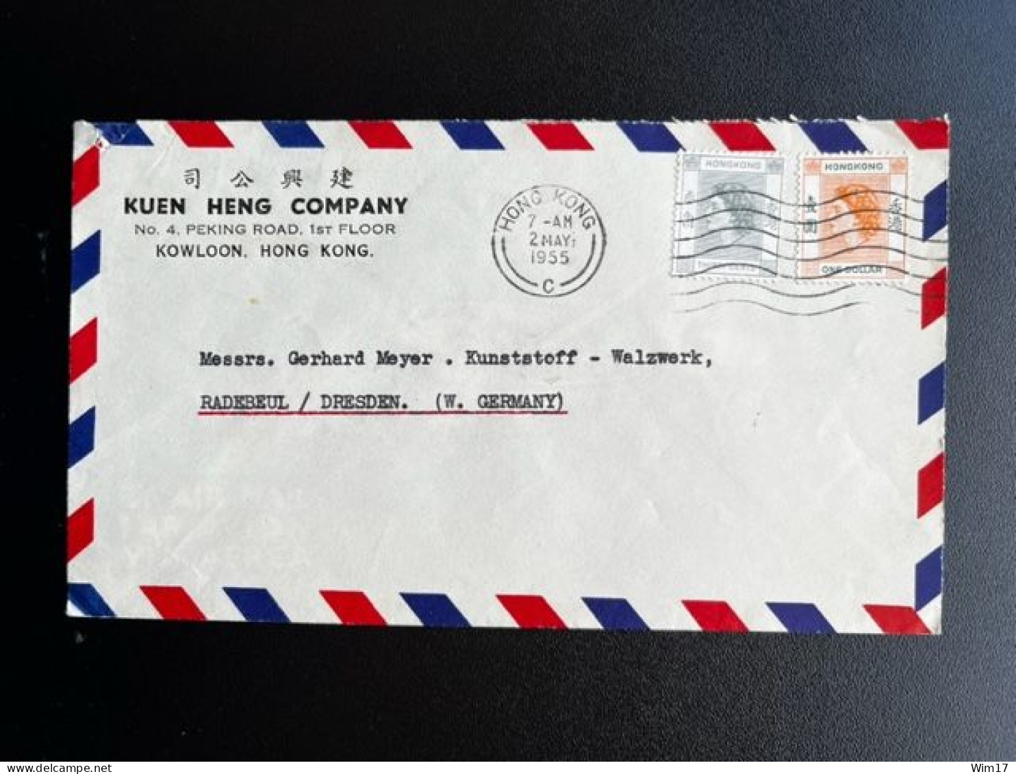 HONG KONG 1955 AIR MAIL LETTER HONG KONG TO RADEBEUL 02-05-1955 - Briefe U. Dokumente