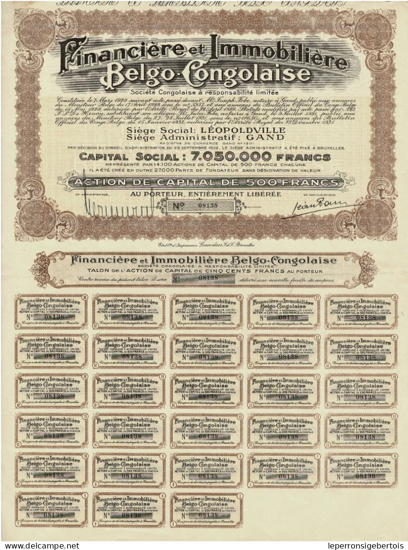 Titre De 1931 - Financière Et Immobilière Belgo-Congolaise - Société Congolaise  à Responsabilité Limitée - - Afrique