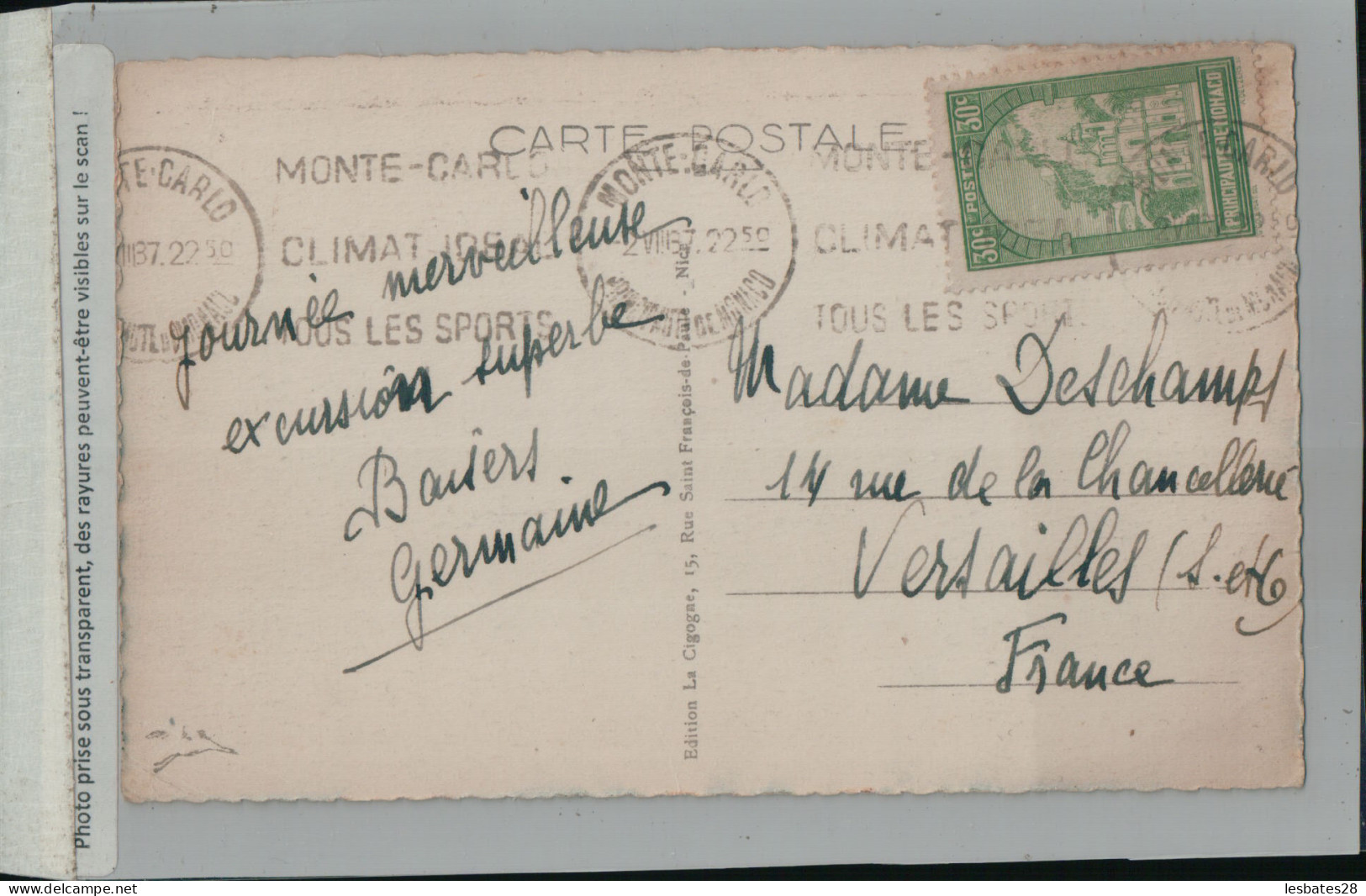 Monté-Carlo - Vue Sur Le Beach  (timbre Principauté Monaco  1937  (MAI 2023 205) - Monte-Carlo