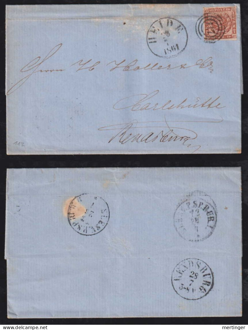 Dänemark Denmark 1861 Cover 4Sk HEIDE X CARLSHÜTTE RENDSBURG - Covers & Documents