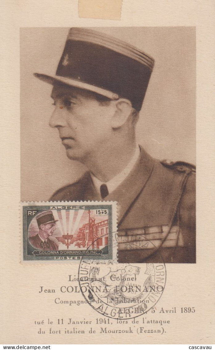 Carte  Maximum  1er  Jour   ALGERIE   10éme   Anniversaire   Mort  Du   Colonel   COLONNA  D' ORNANO    1951 - Cartoline Maximum