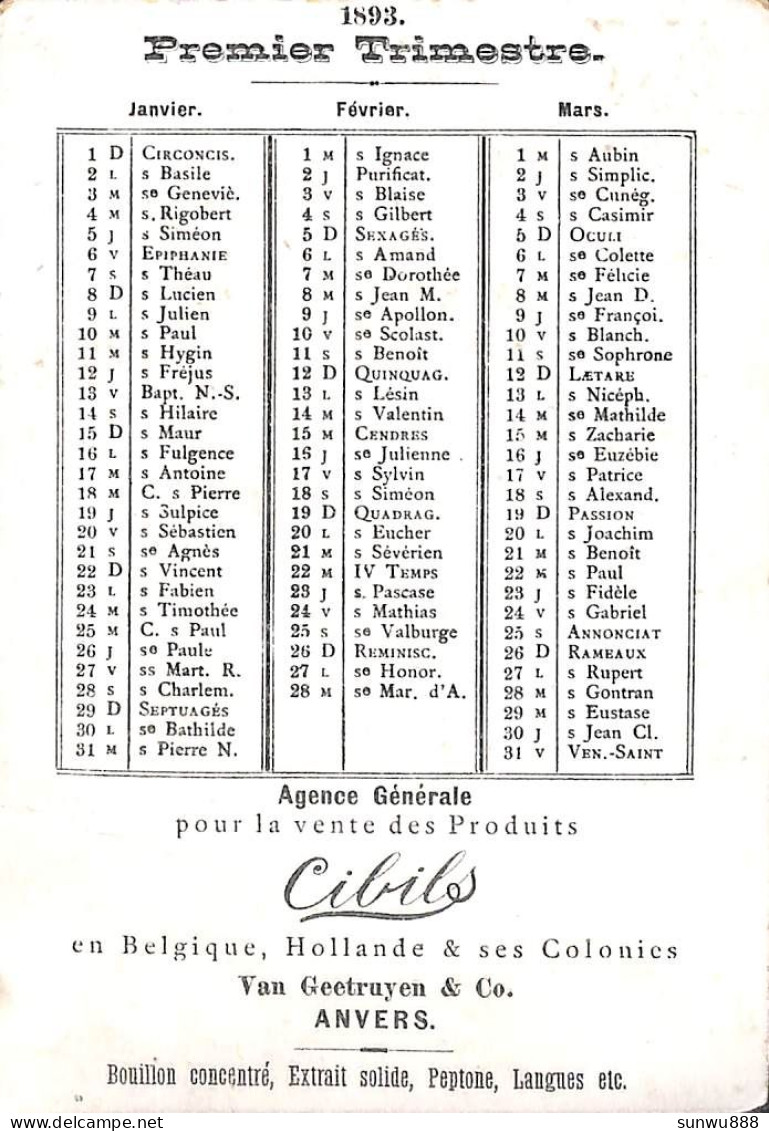 Calendrier 1893 Cibils Van Geetruyen & Co Anvers - Premier Trimestre - Altri & Non Classificati