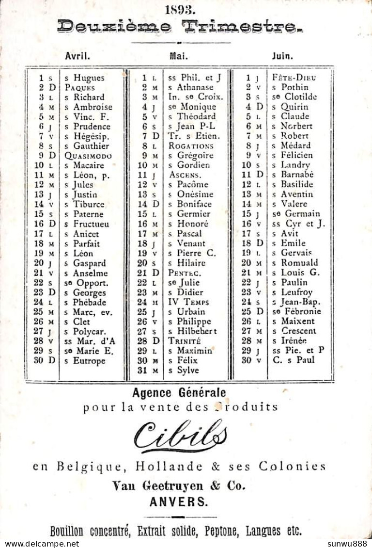 Calendrier 1893 Cibils Van Geetruyen & Co Anvers - Deuxième Trimestre - Andere & Zonder Classificatie