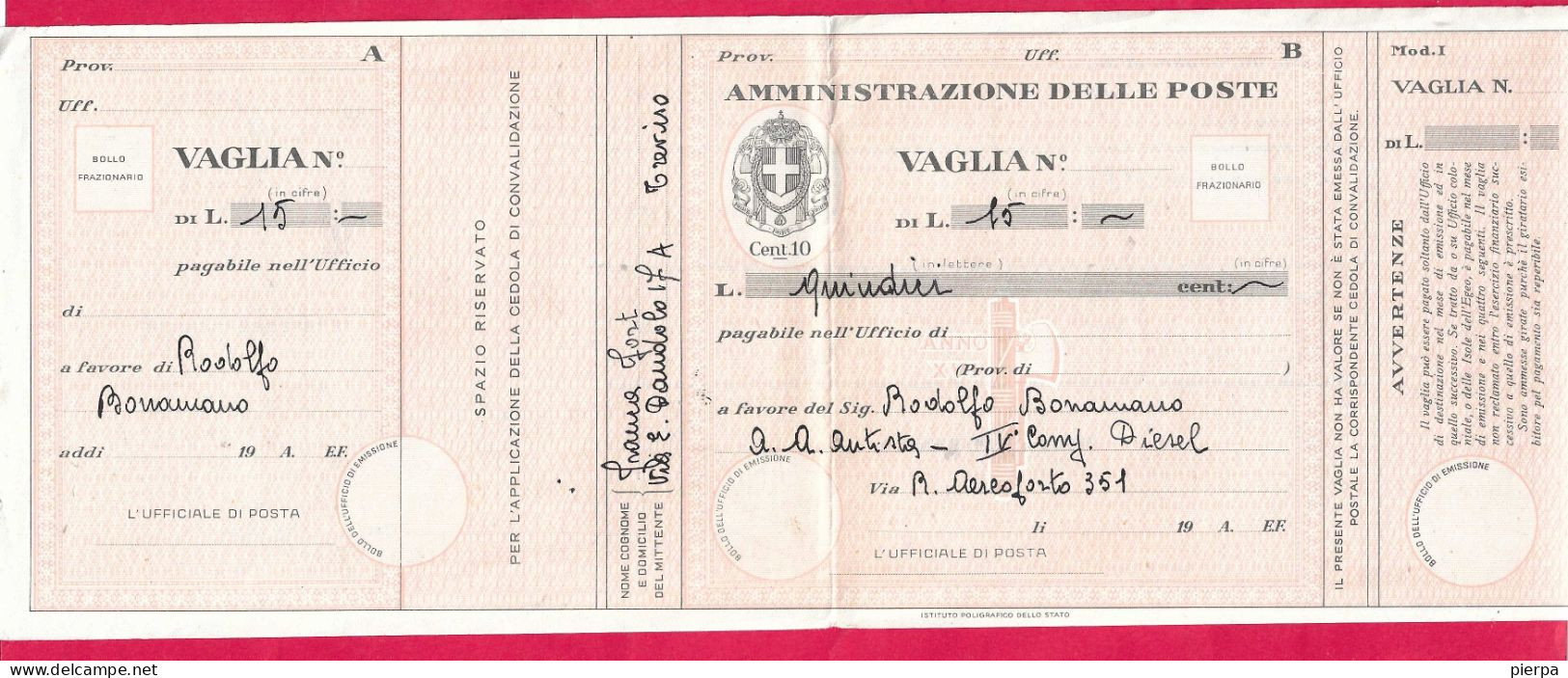 MODULO VAGLIA POSTALE C.10 (CAT. INT. 45/B) PRECOMPILATO  - NON VIAGGIATO - Vaglia Postale