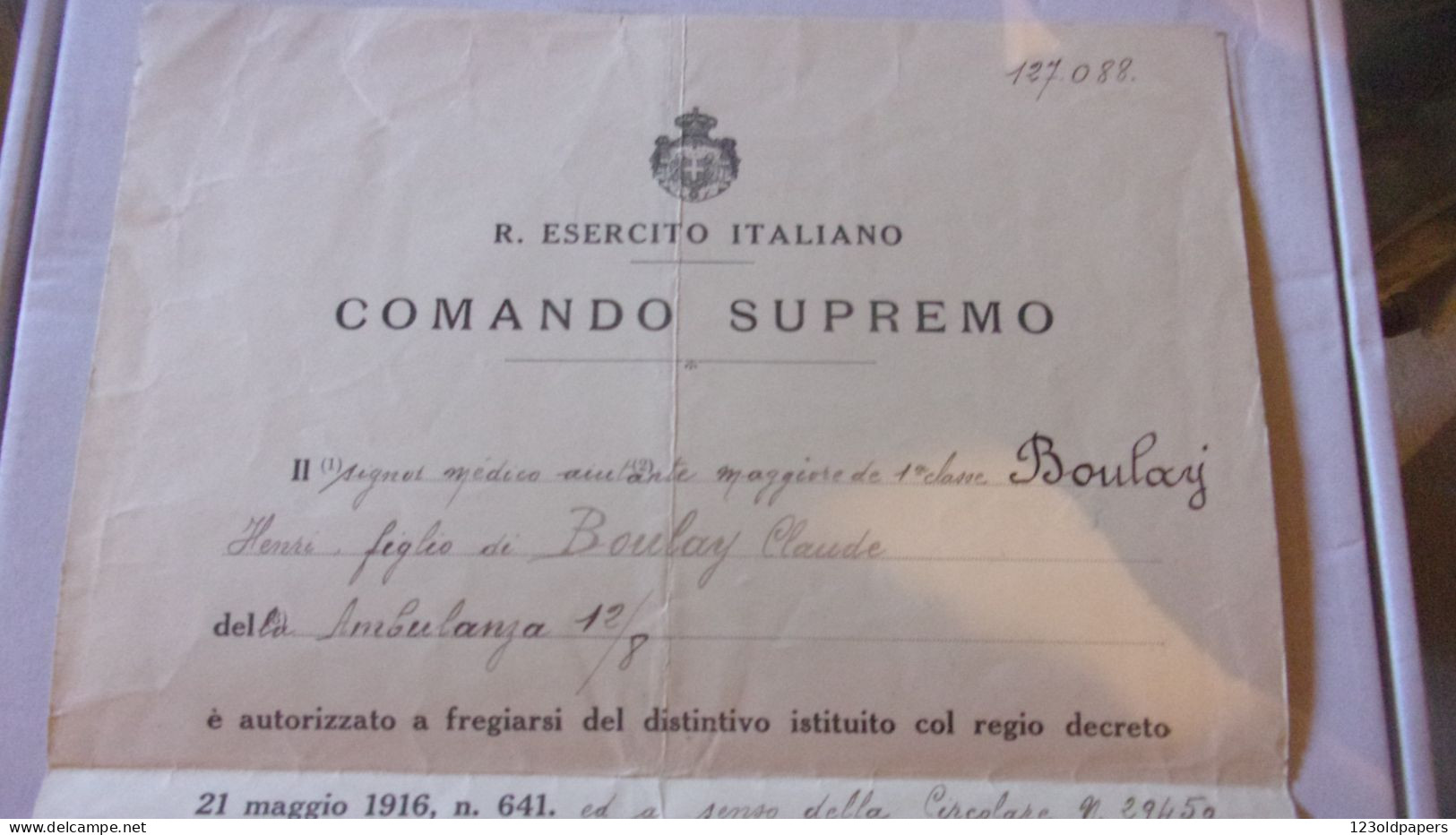WWI  ESERCITO ITALIANO COMANDO SUPREMO ZONA DE GUERRA 3 AVRIL 1918 AMBULANZA AUTORISATION CIRCULE AMBULANCE - 1914-18