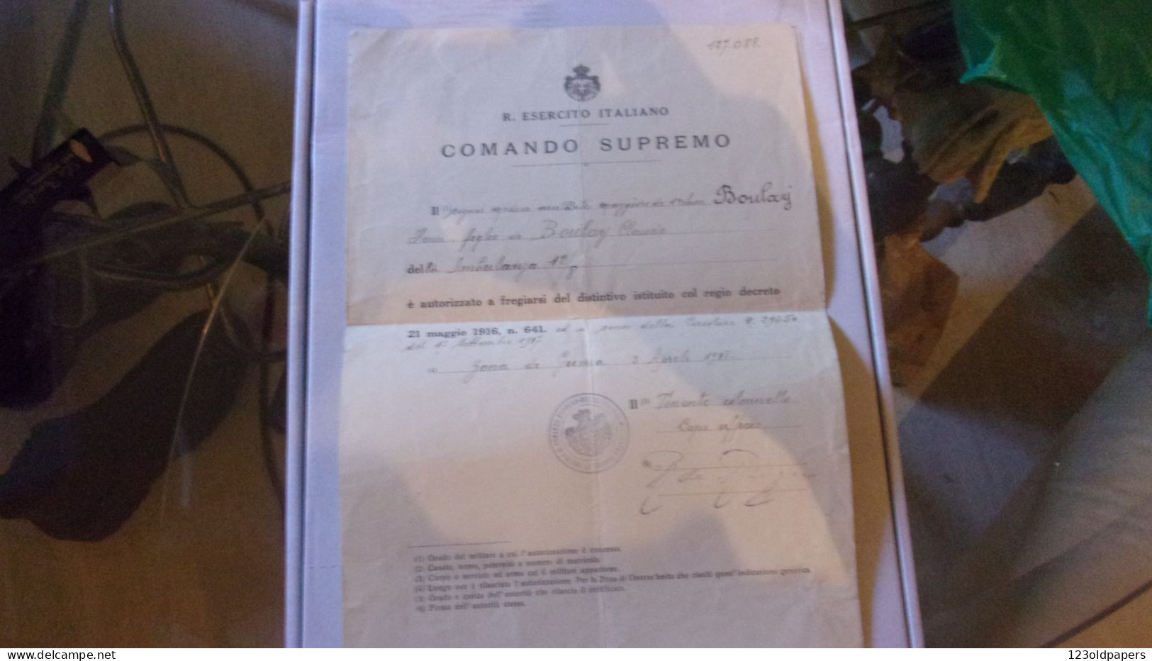 WWI  ESERCITO ITALIANO COMANDO SUPREMO ZONA DE GUERRA 3 AVRIL 1918 AMBULANZA AUTORISATION CIRCULE AMBULANCE - 1914-18