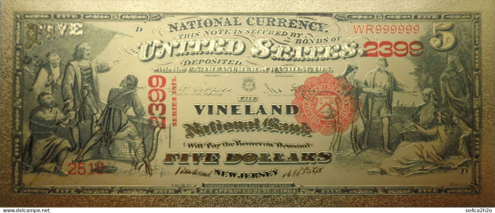Billet Plaqué Or 24K  5 Dollars FR 404 Séries 1875  Colorisé UNC - Other - America