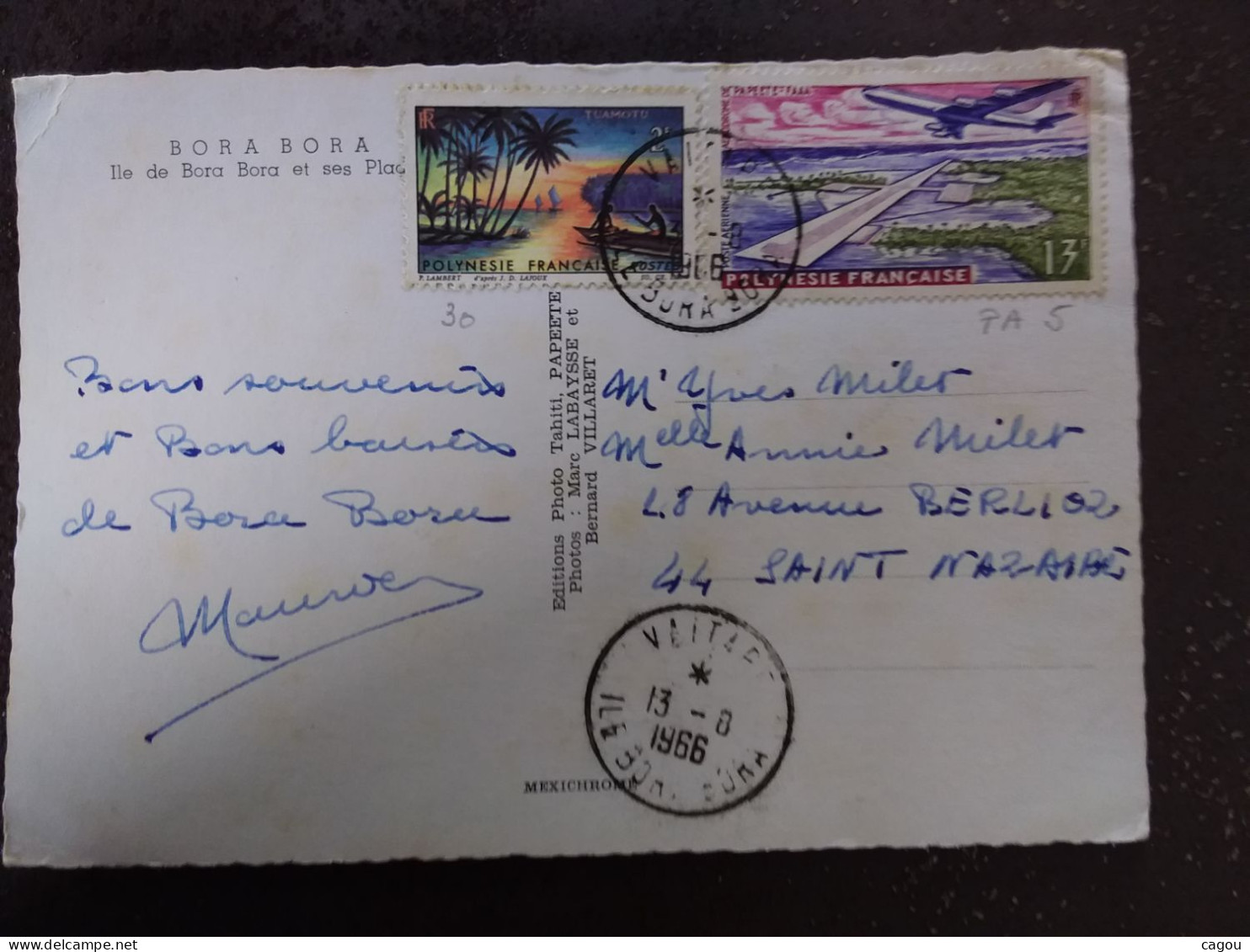 POLYNÉSIE FRANÇAISE N° 30 / PA 5 SUR CARTE POSTALE DE BORA BORA OBLITÉRATION VAITAPE ILE BORA BORA - Polynésie Française