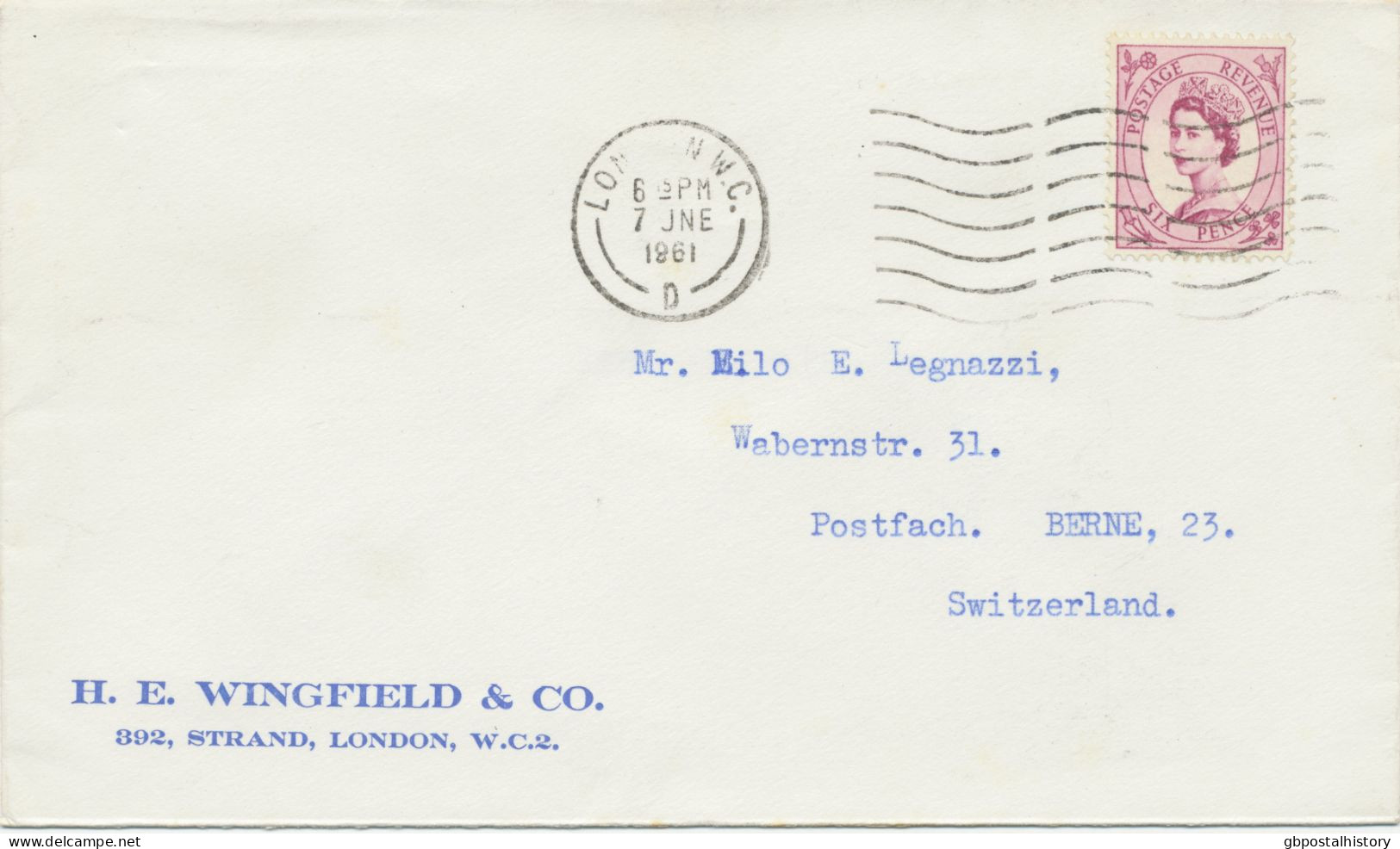 GB 1961 QEII 6d Single Postage On Advertising Cover Of The LONDON Stampdealer H.E. Wingfield - Tied By „LONDON W.C. / D“ - Covers & Documents