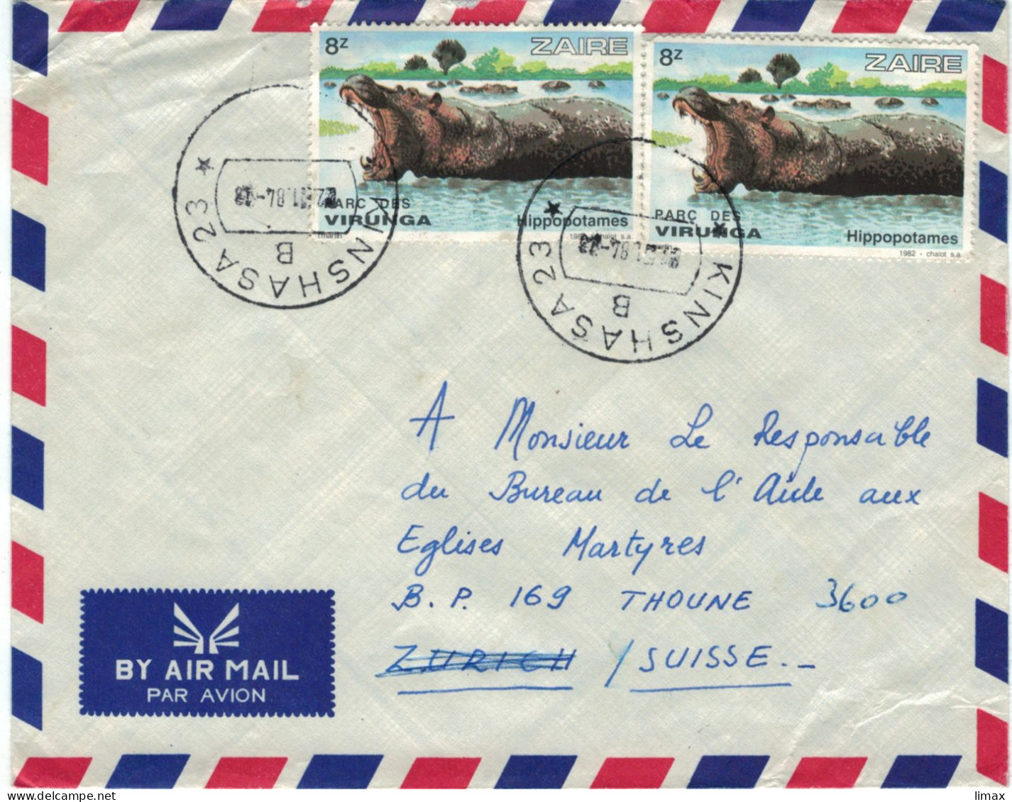 Kinshasa 1984 - Hippopotames Nilpferd Flusspferd Virunga-Park - !! Rechte Marke Beschädigt !! - Storia Postale