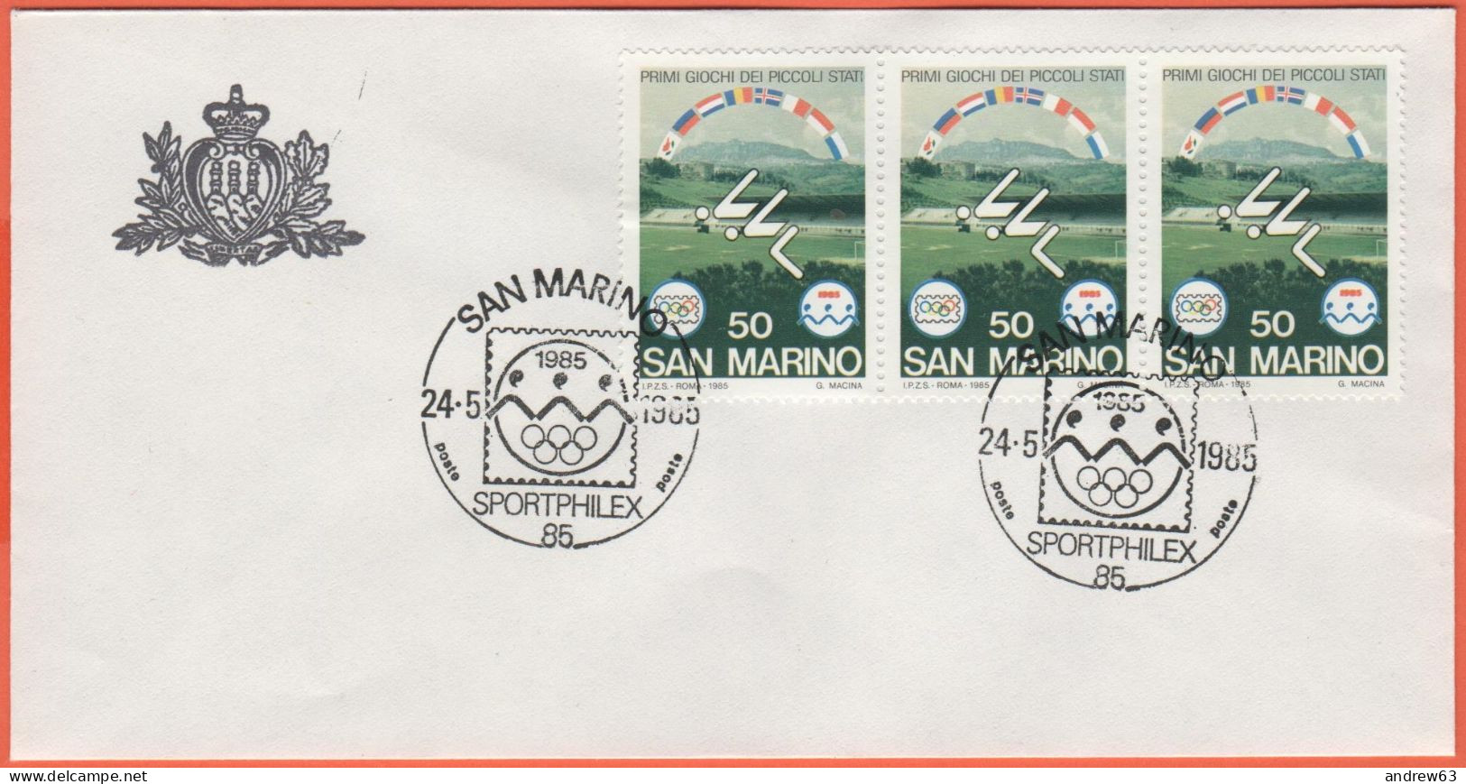 SAN MARINO - 1985 - 3 X 50 Primi Giochi Sportivi Dei Piccoli Stati + Annullo Sportphilex '85 24/05/1985 - Ufficio Filate - Brieven En Documenten