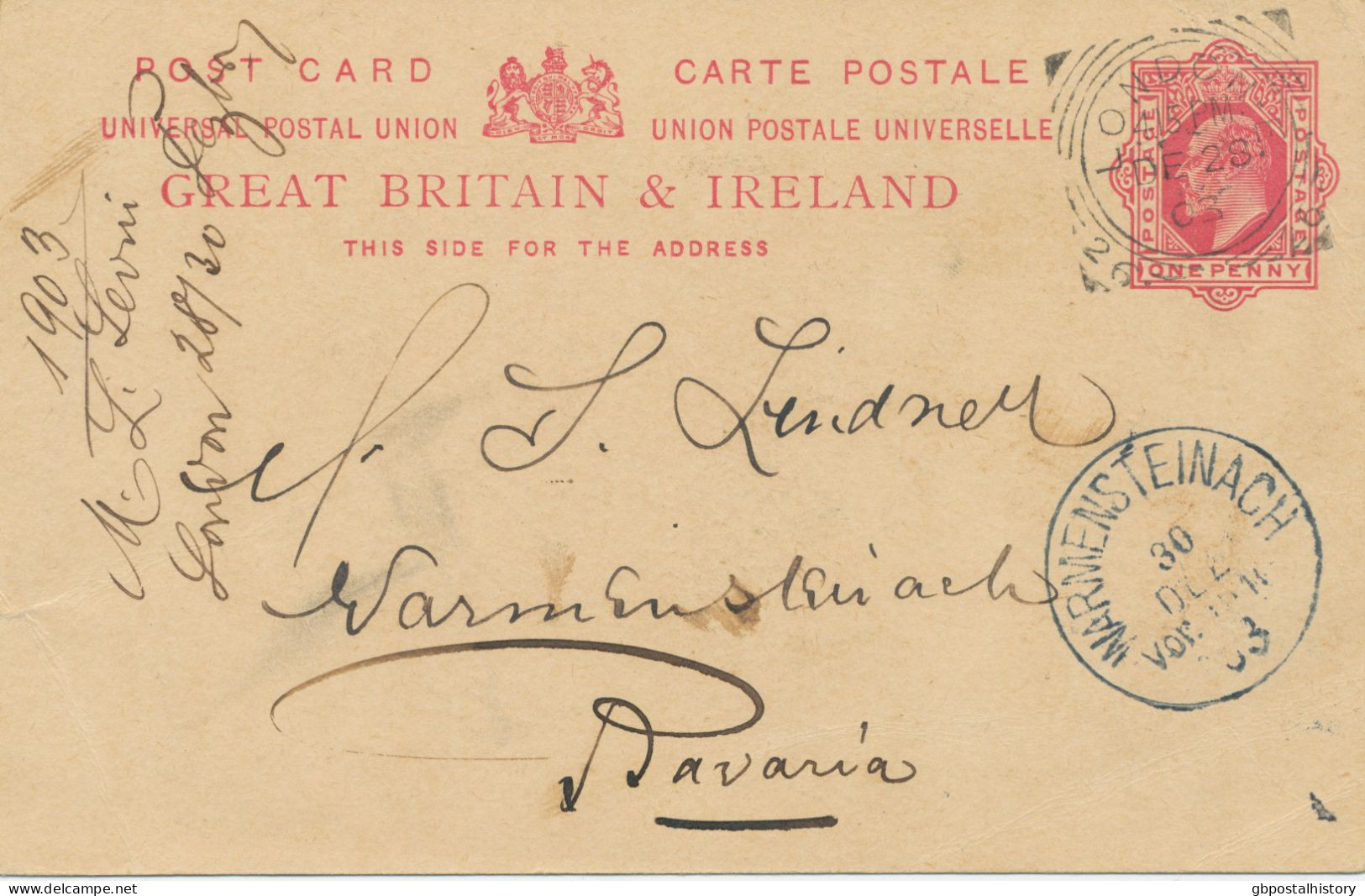 GB 1903, EVII 1d Red Postal Stationery Postcard (small Faults) With Squared Circle Postmark „LONDON-E. / 26“ - Covers & Documents