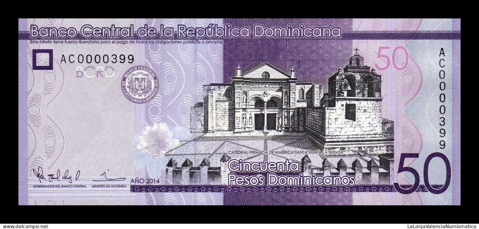 República Dominicana 50 Pesos Dominicanos 2014 Pick 189a Low Serial 399 Sc Unc - Dominicaine