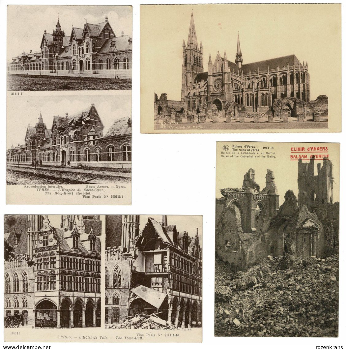 Lotje 4 X CPA Postkaarten Ieper Ypres Ruines Varia (In Zeer Goede Staat) - Ieper