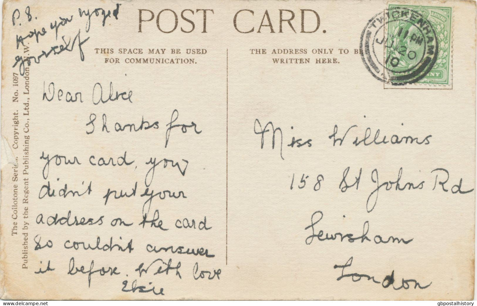 GB „TWICKENHAM“ (LONDON) Superb Double Circle 23mm On Superb Vintage Postcard (Here, Take The Earth An Do. - Love Me And - Lettres & Documents