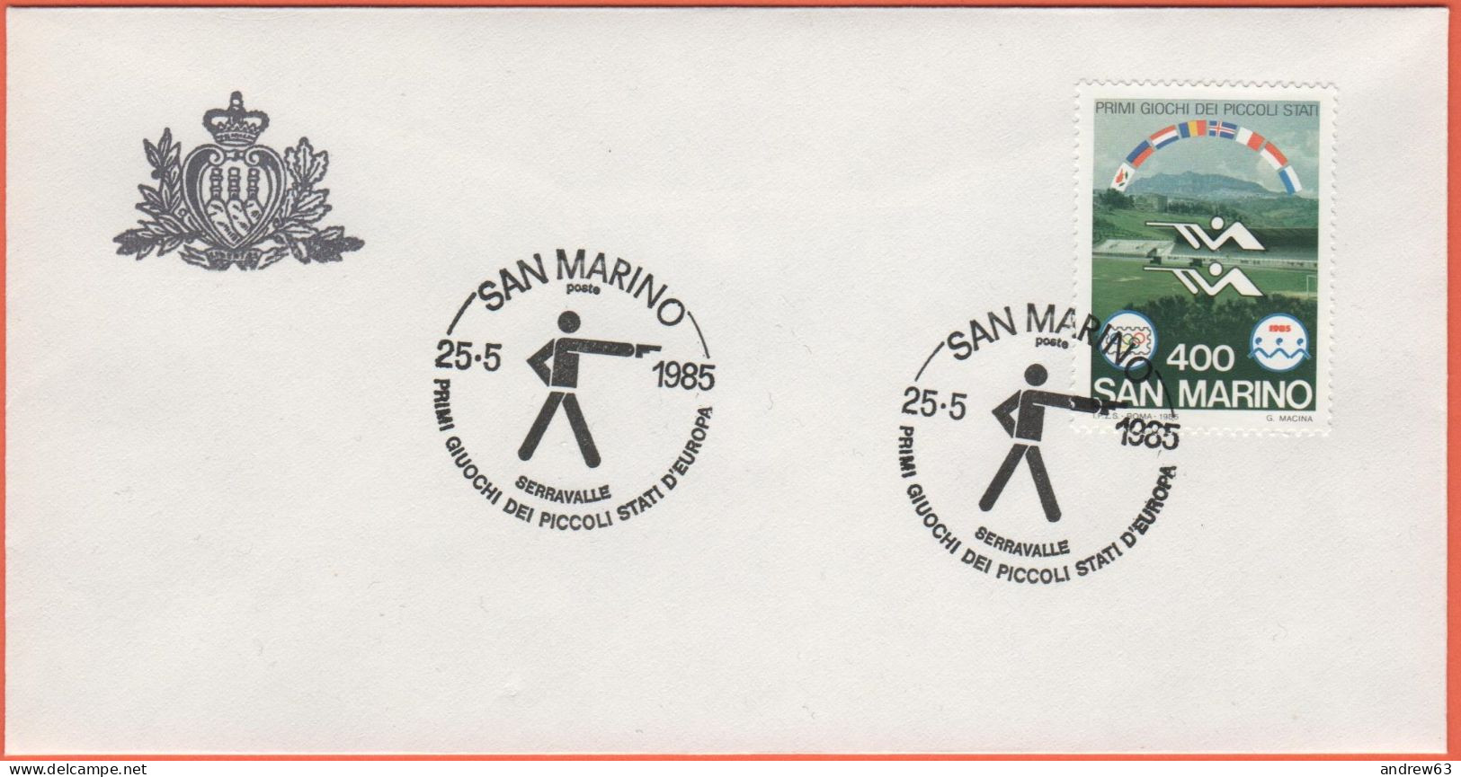 SAN MARINO - 1985 - 400 Primi Giochi Sportivi Dei Piccoli Stati D'Europa + Annullo Tiro Con La Pistola 25/05/1985 - Uffi - Cartas & Documentos