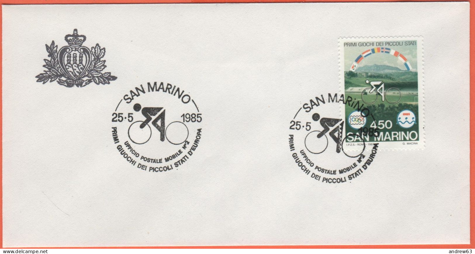 SAN MARINO - 1985 - 450 Primi Giochi Sportivi Dei Piccoli Stati D'Europa + Annullo Ciclismo 25/05/1985 Ufficio Postale M - Cartas & Documentos