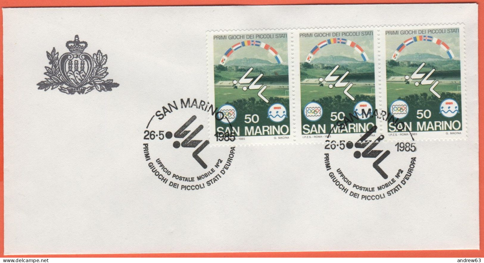 SAN MARINO - 1985 - 3 X 50 Primi Giochi Sportivi Dei Piccoli Stati D'Europa + Annullo Nuoto 26/05/1985 Ufficio Postale M - Briefe U. Dokumente