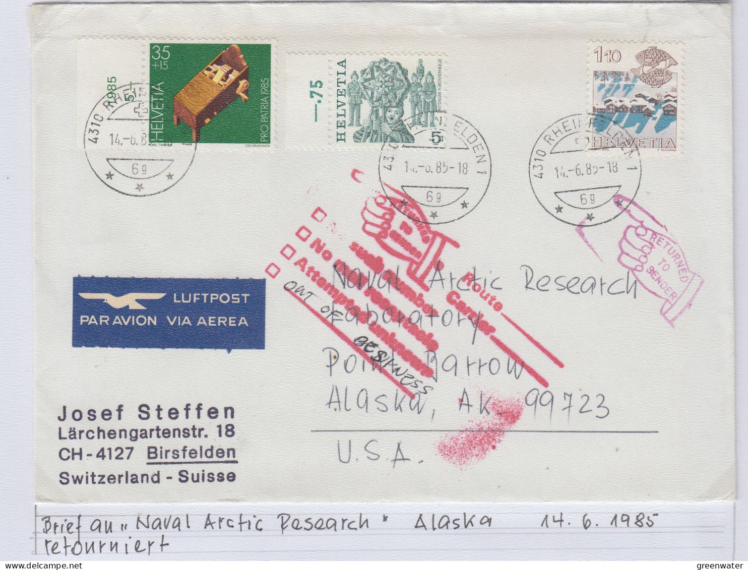 Switzerland Cover To Point Barrow  Alaska & Back Ca Rheinfelden 14.6.1985 (BS158A) - Forschungsstationen & Arctic Driftstationen
